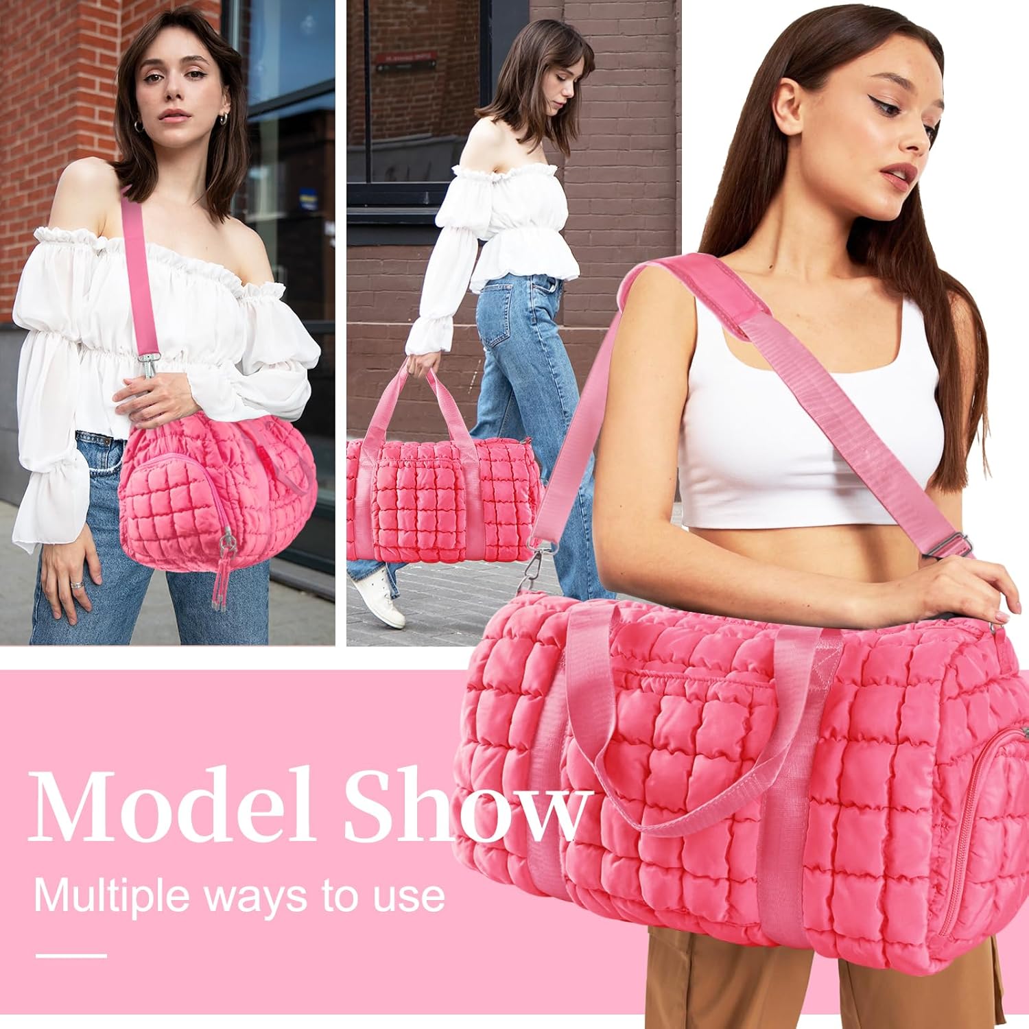 Quilted Travel Duffle Bag Gym Bag for Women,Large Puffer Duffle Weekender Bag with Compartment,Workout Overnight Carry on Organizer Bag Duffle Bag for Airplane Travel(L-Pink) - Image 5