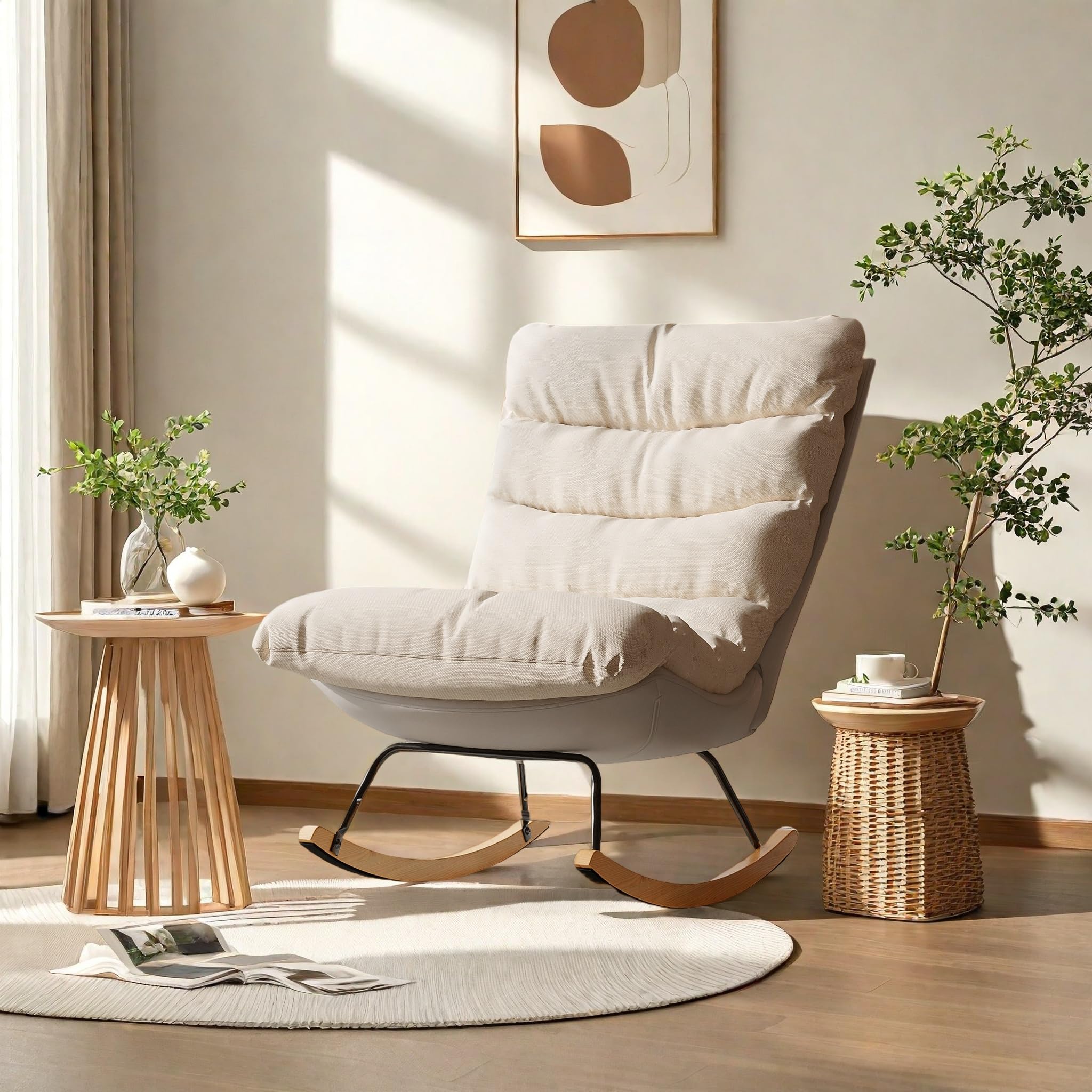 Fotel bujany, fotel do karmienia, z regulowanym oparciem, nogi z litego drewna, fotel do czytania, fotel do karmienia piersią, do sypialni, salonu (ADCR-079 72x93x83cm)