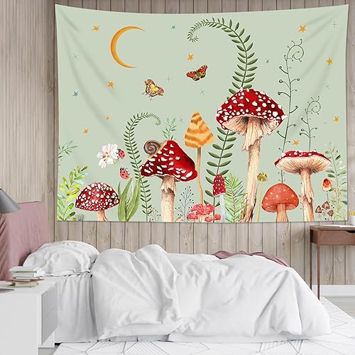 LB Tapiz de pared de hongos rojos para colgar en la pared, diseño vintage de mariposa y plantas rústicas de naturaleza floral sobre verde salvia,