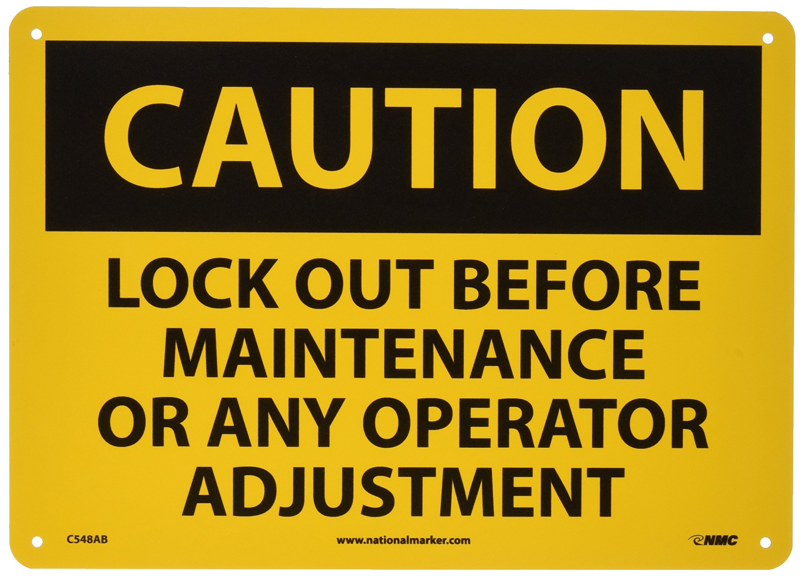 NMC C548AB - Cartello OSHA, leggenda "CAUTION - LOCK OUT BEFORE MANINTENANCE OR ANY OPERATOR Adjusttment", 35,6 cm Lunghezza x 25,4 cm altezza, alluminio, nero su giallo