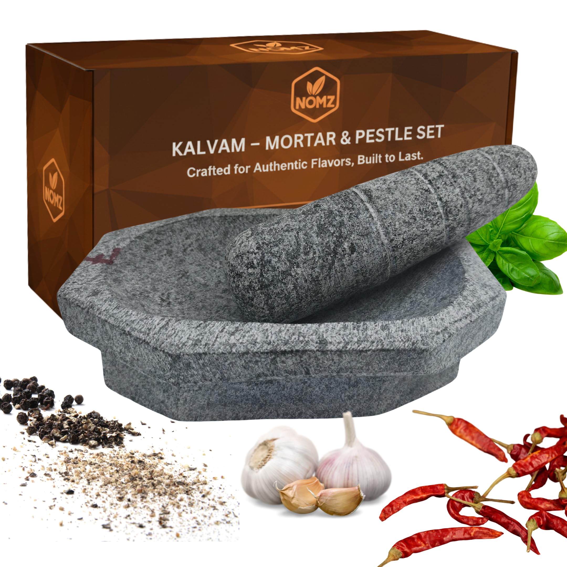 NOMZ Stone Mortar and Pestle Set (Kalvam) 7 Inch, 2.5 Kg, 3/4 Cup | Handmade Silbatta for Chutney and Masala | Heavy Duty Khalbatta with Anti-Skid Base