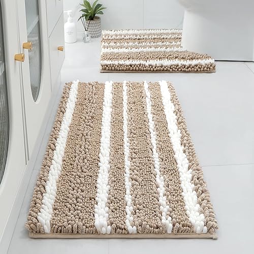 HOMEIDEAS Juego de 2 alfombras de baño de felpilla de tinte catiónico, extrasuaves, absorbentes, antideslizantes, lavables a máquina (beige)