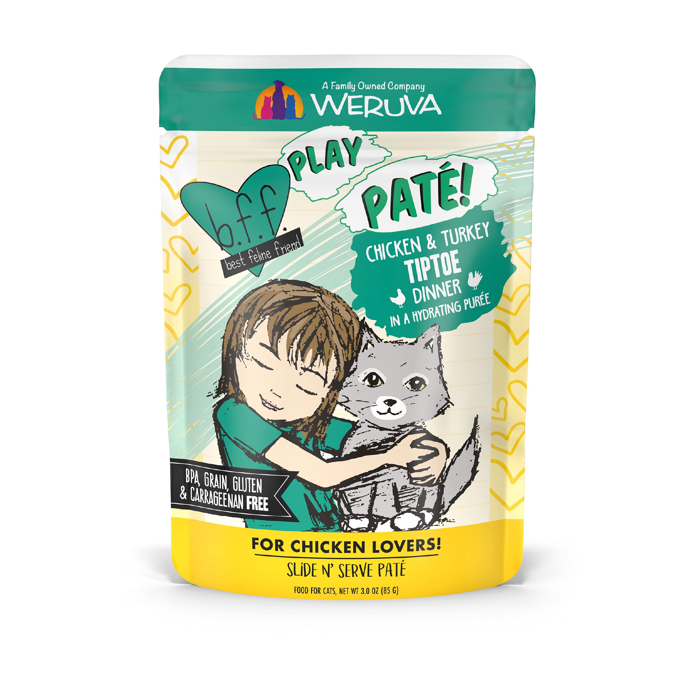 WeruvaB.F.F. Play - Best Feline Friend Pate Lovers Aw Yeah! Grain-Free Natural Wet Cat Food Pouches 3oz Pouch (Pack of 12) 4953
