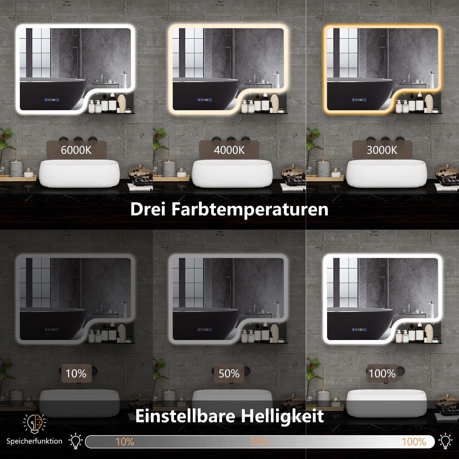 YOURLITE LED Badspiegel mit Beleuchtung und Ablage 80x60cm,Bad Spiegel Badezimmerspiegel Uhr,Wandspiegel mit Beschlagfrei,Touch-Schalter,3 Lichtfarben Dimmbar,Speicherfunktion