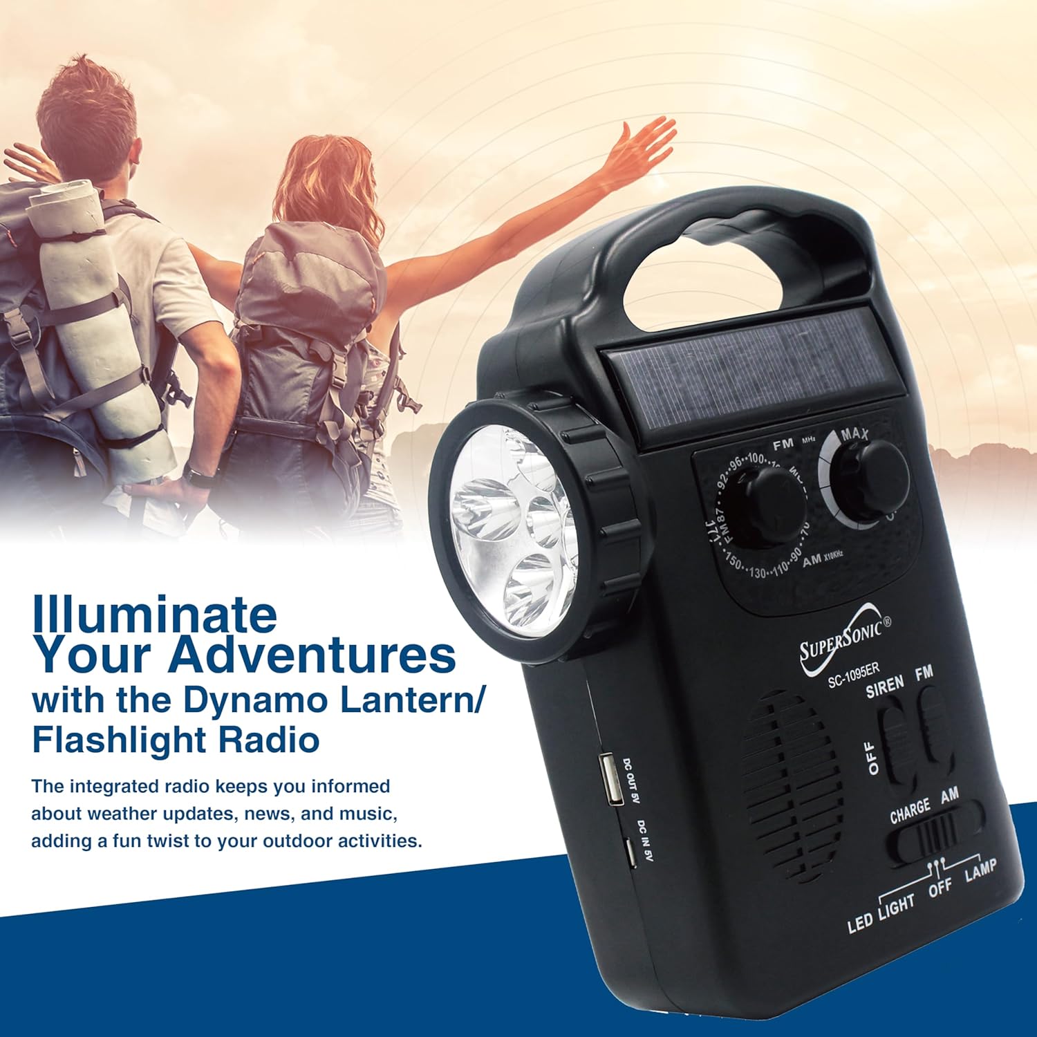 Supersonic SC-1095ER Emergency Solar/Hand Crank Radio w/Flashlight, 3 Power Supplies, Emergency Lantern, Speaker, AM/FM Radio, Solar Panel, Hand Generator, SOS Alarm, Phone Charger, 3xAA Compatible