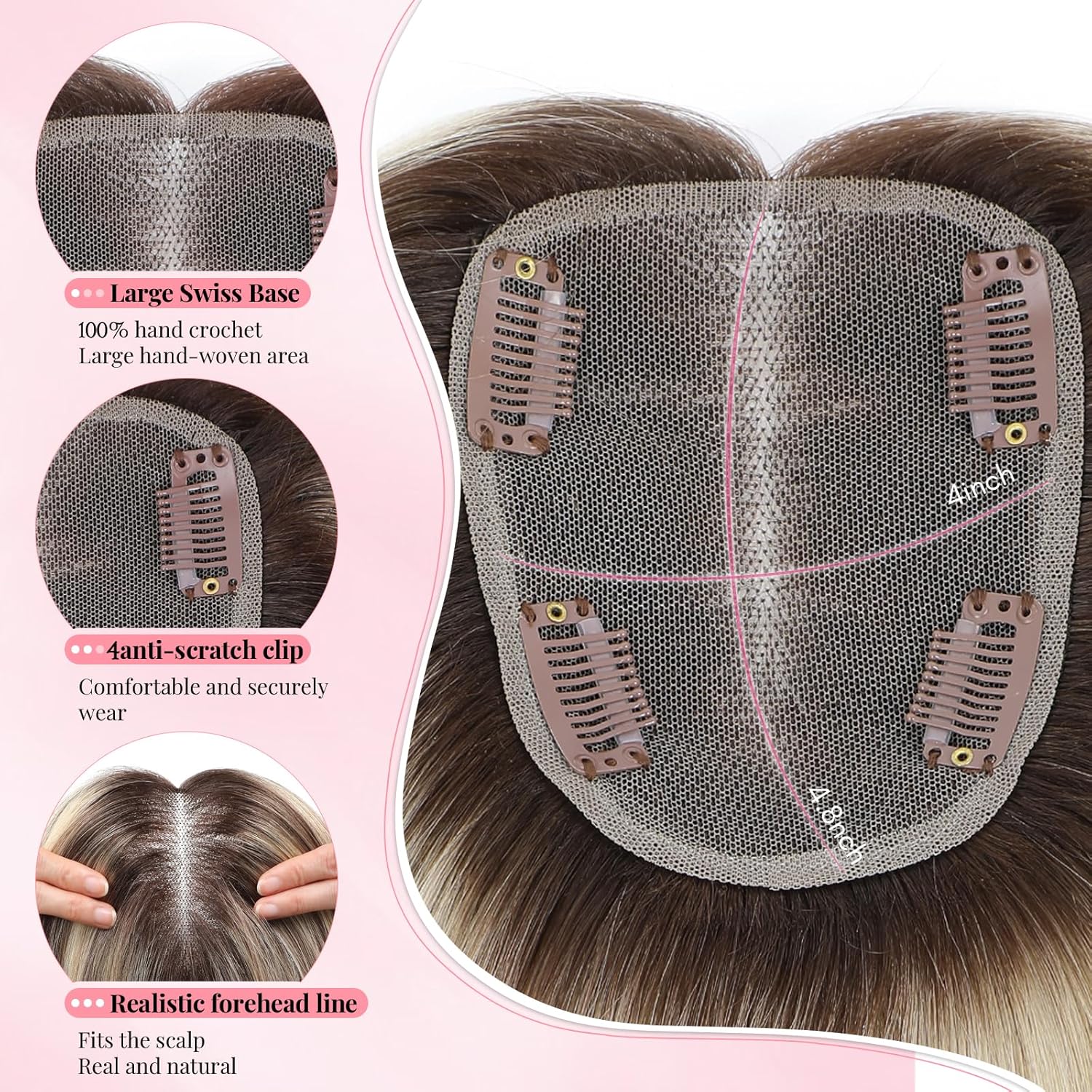 Human Hair Topper 12Inch 4x4.8inch Large Swiss Base with Thinning Hair (Ombre Light Brown with Blond Highlight)