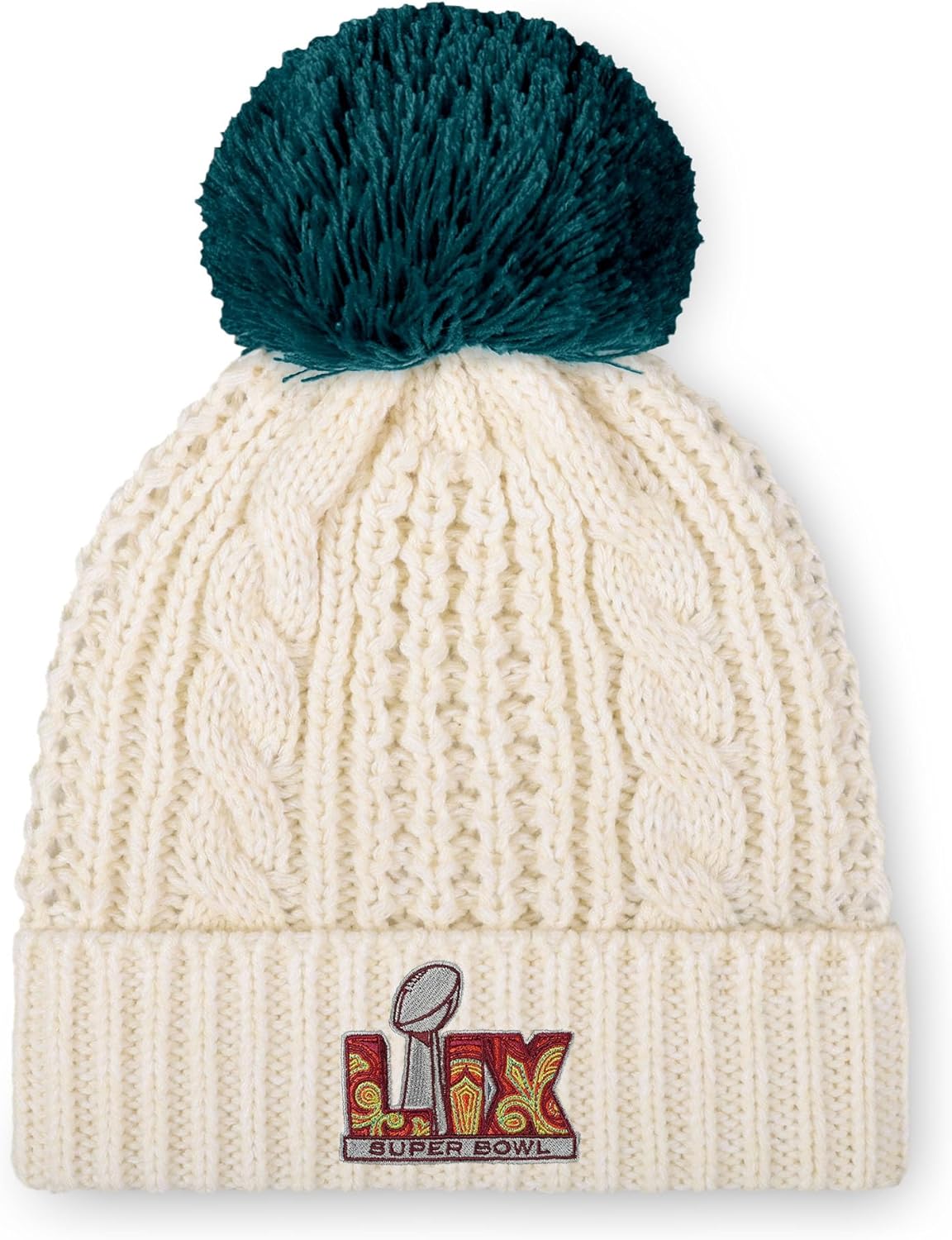 FOCO Philadelphia Eagles NFL Super Bowl LIX Champions Primary Logo White Cable Knit Pom Beanie - Image 2