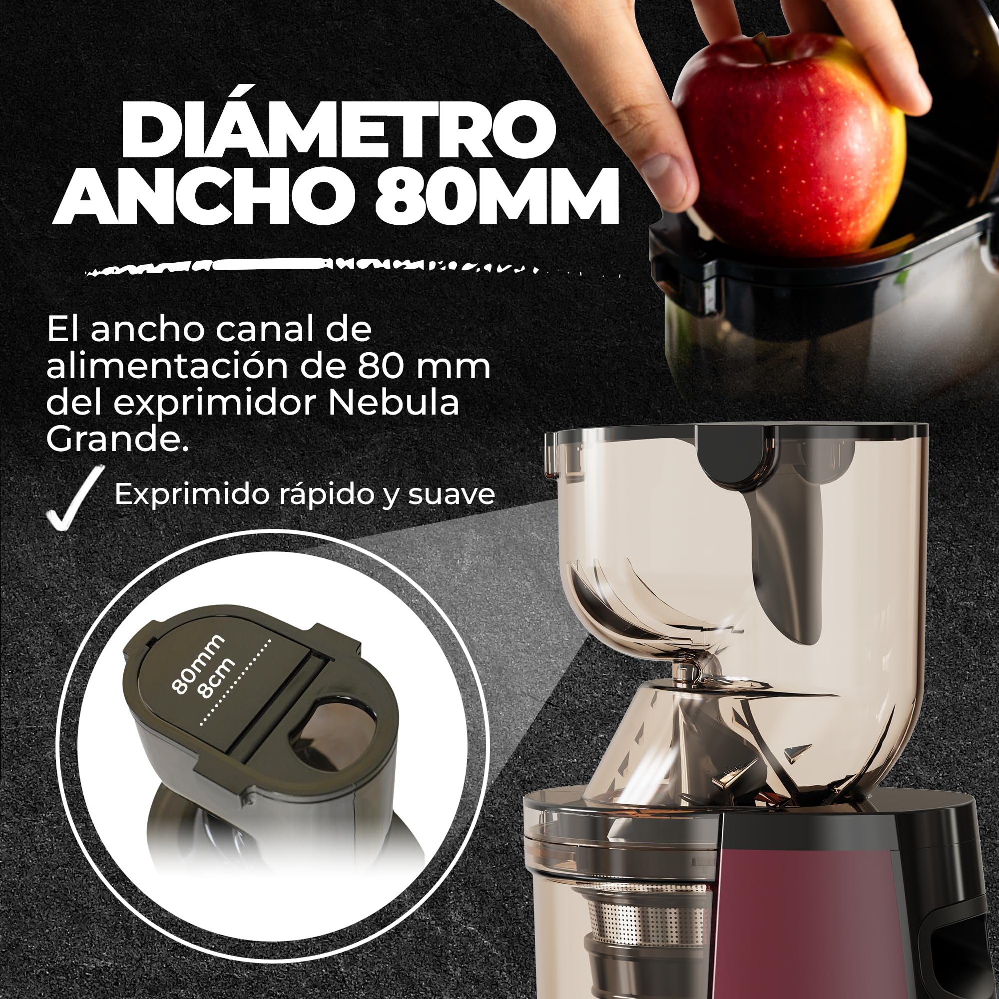 Nebula Grande Exprimidor En Frío, Frutas Y Verduras Enteras | Rojo Intenso | Recipiente De Carga De Cuello Ancho, Sin BPA, 45RPM, Motor Profesional, Fácil De Limpiar
