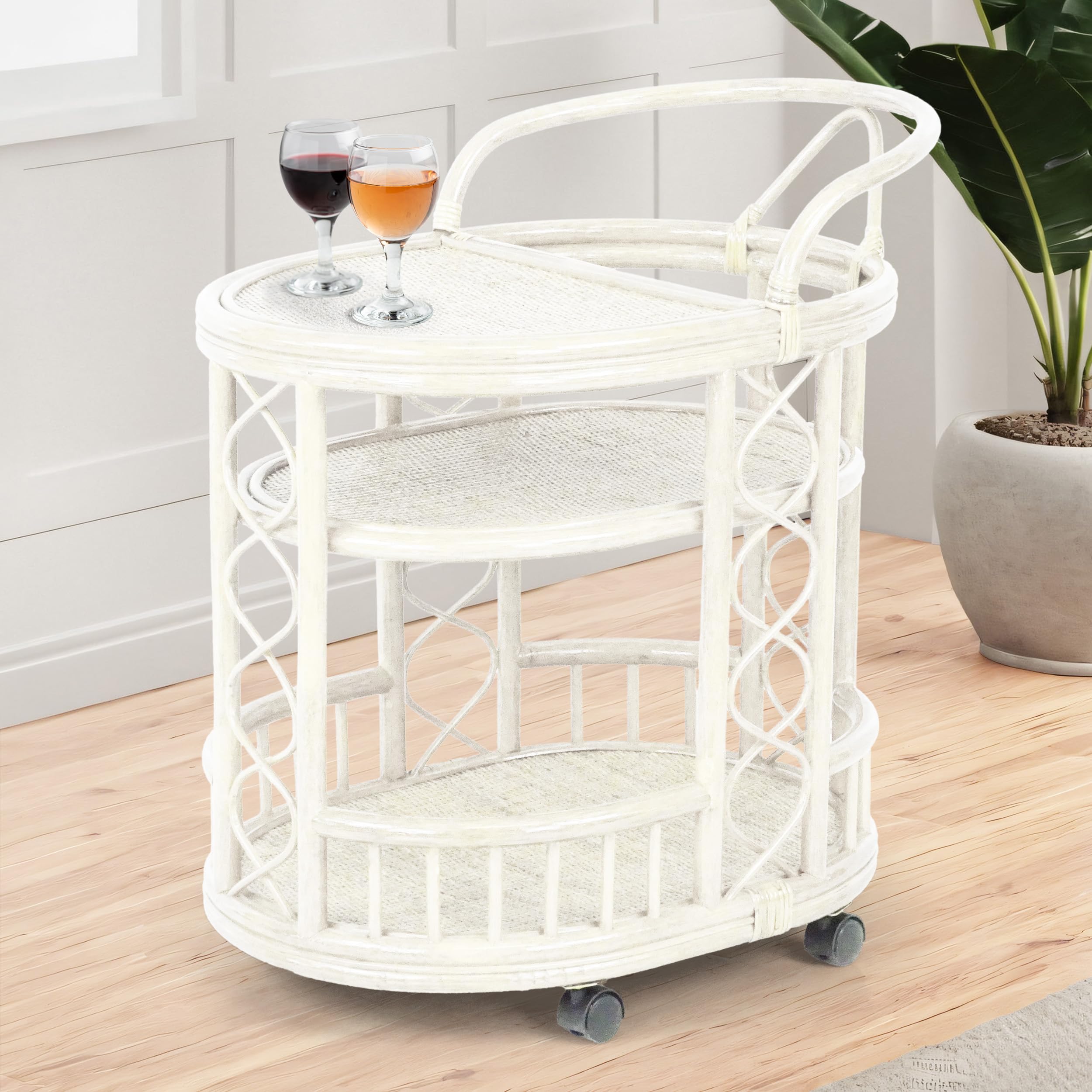 Serving Cart Handmade Woven Natural Rattan Wicker with Wheels Fully Assembled White Color