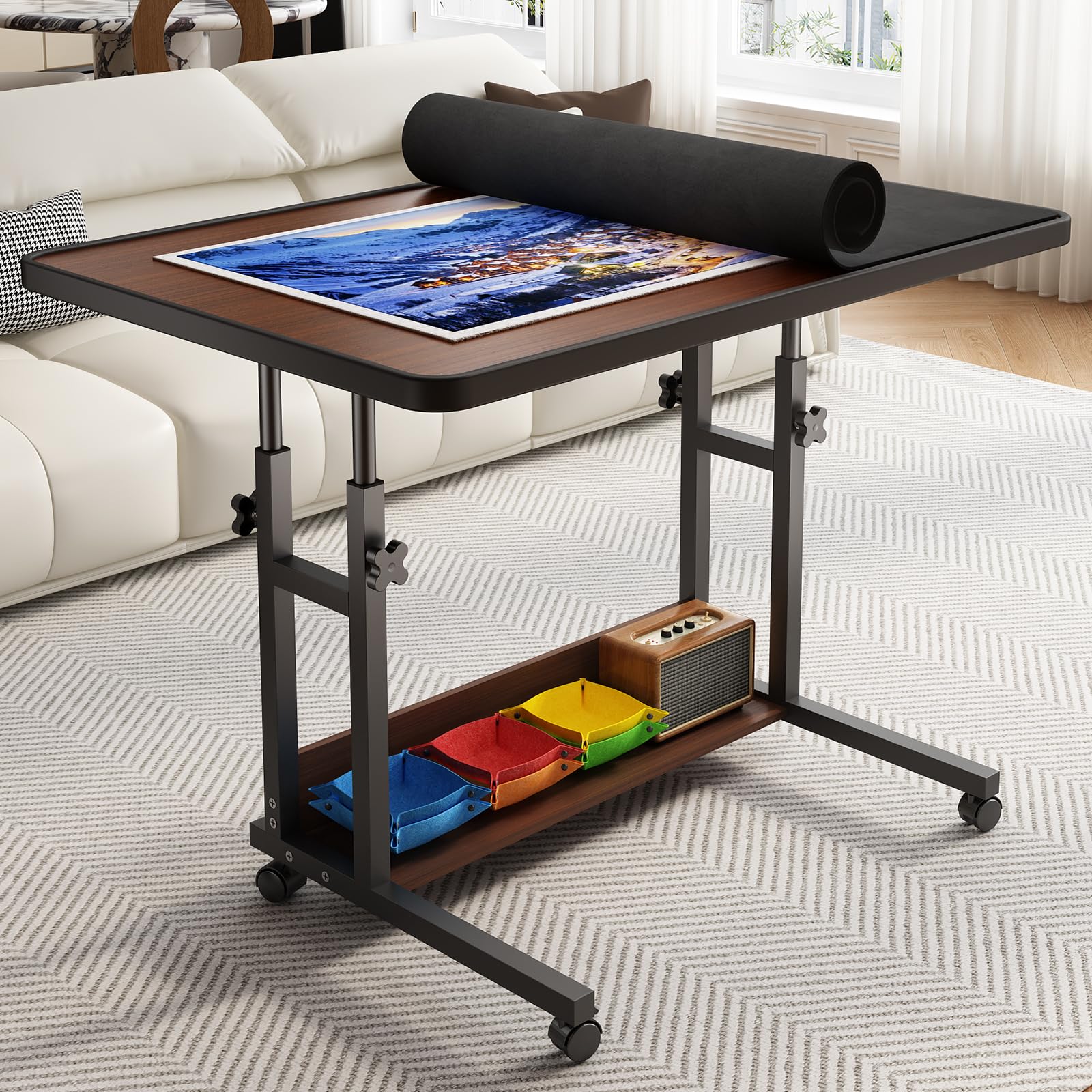 1500 Piece Adjustable Puzzle Table with Legs and 6 Trays & Protective Cover, 34.8" x 26.7" Rolling Puzzle Board with Storage Shelf & Wheels - Jigsaw Puzzle Table, Wood Grain Finish - Walnut