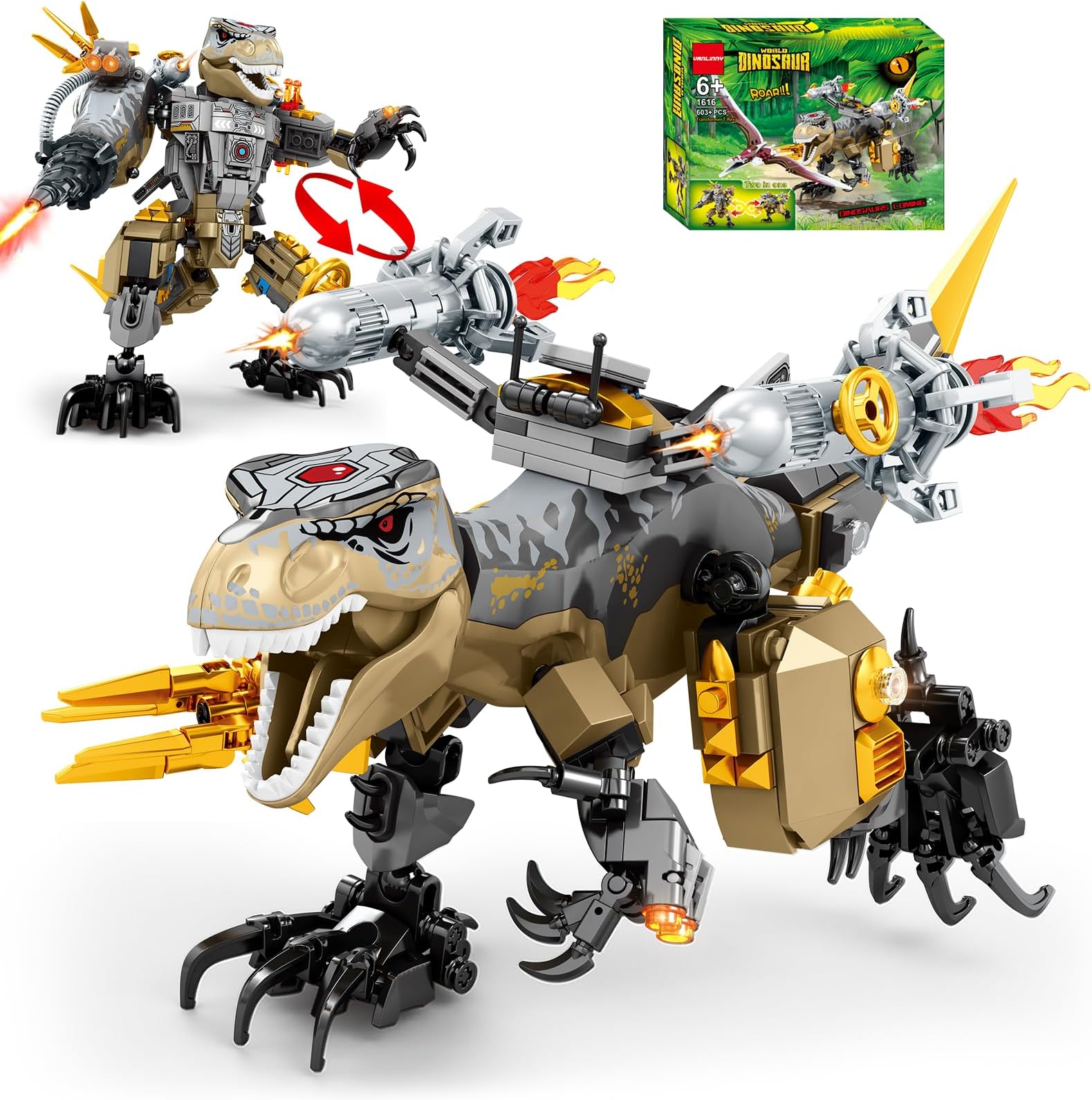 VANLINNY Dinosaur Building Blocks Toy 603 Pcs,2 in 1 Dinosaur Sets for Kids Aged 5 and Up,It Can be Transformed into T-Rex & Aeolian Pterosaur and Compatible Other Blocks,XmasToy for Boy&Girl.