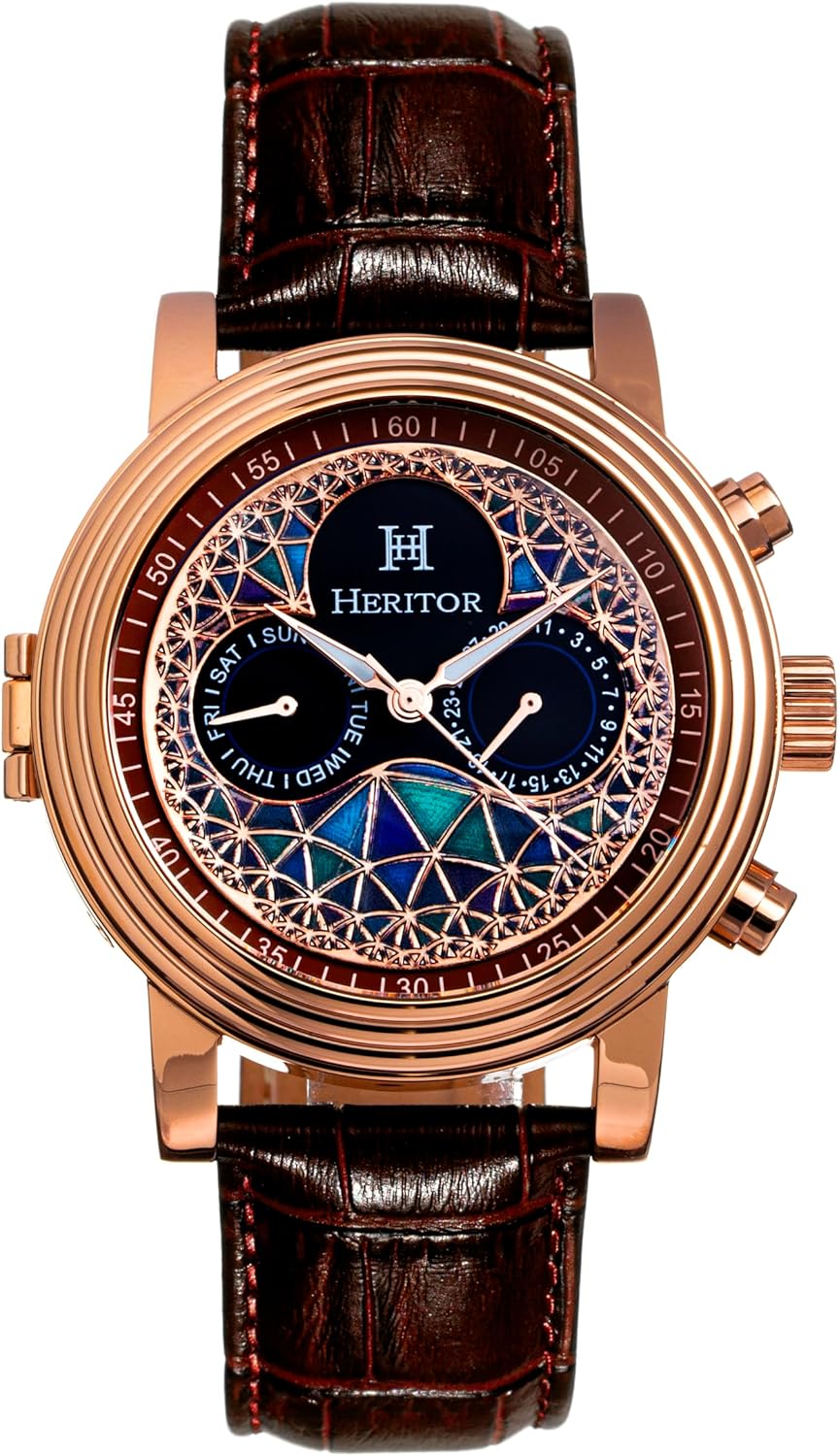 HERITOR Legacy Automatic Watch for Men – 44mm Men’s Watch with Jeweled Automatic Movement, 316L Stainless Steel Case, Crocodile-Embossed Leather Strap (HERHR9701)