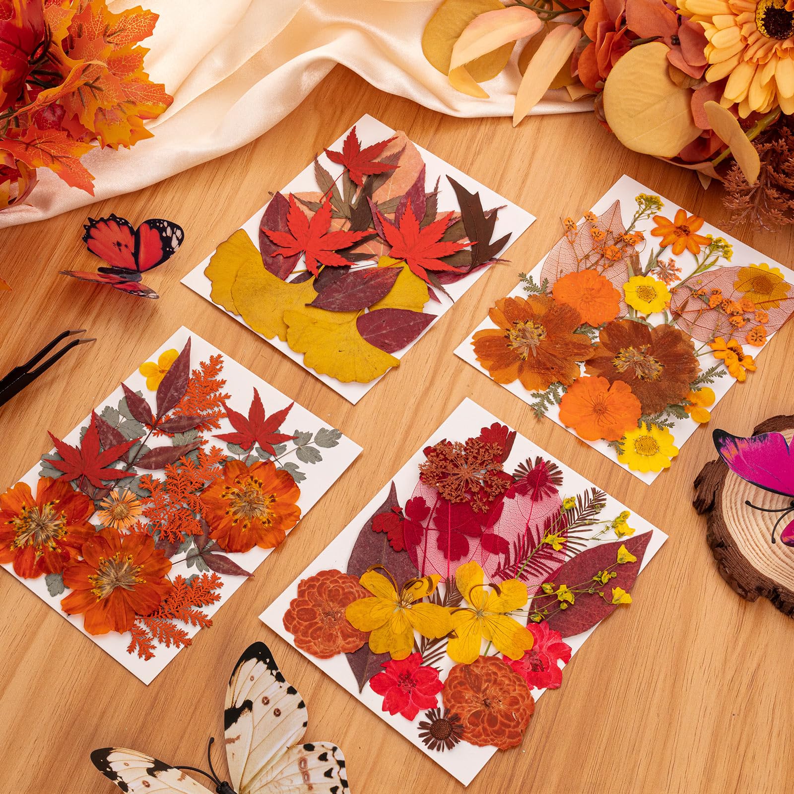 78 Stück getrocknete gepresste Blumen mit Pinzette, echte getrocknete Blumen, Blätter für Bastelarbeiten, Harzformen, gelb-orange getrocknete Blumen für Herbsternte, Halloween, Erntedank-Dekorationen