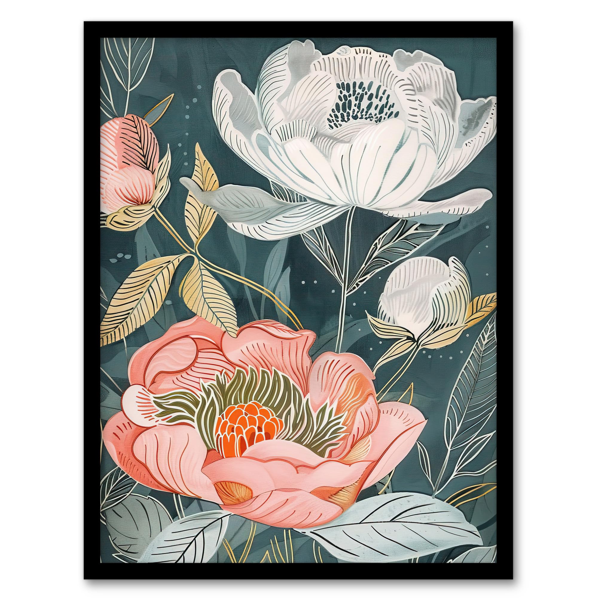 Artery8 Red White Peonies in Bloom Artwork Wildflowers Living Room Artwork Framed Wall Art Print 18X24 Inch