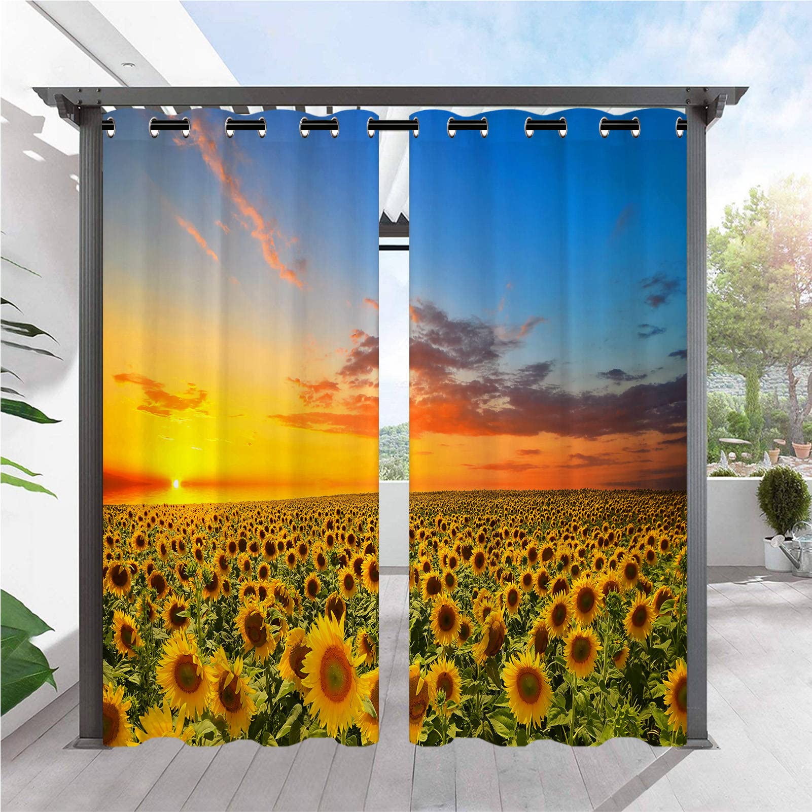 ANHOPE Outdoor Curtains Waterproof Eyelet Ring Top Drapes Sunset Farm Yellow Sunflower Field Print Pattern Privacy Outside Curtains for Garden Patio Gazebo Pergola Porch Pool 2 Panels 52 x 84 Inch โ image 1