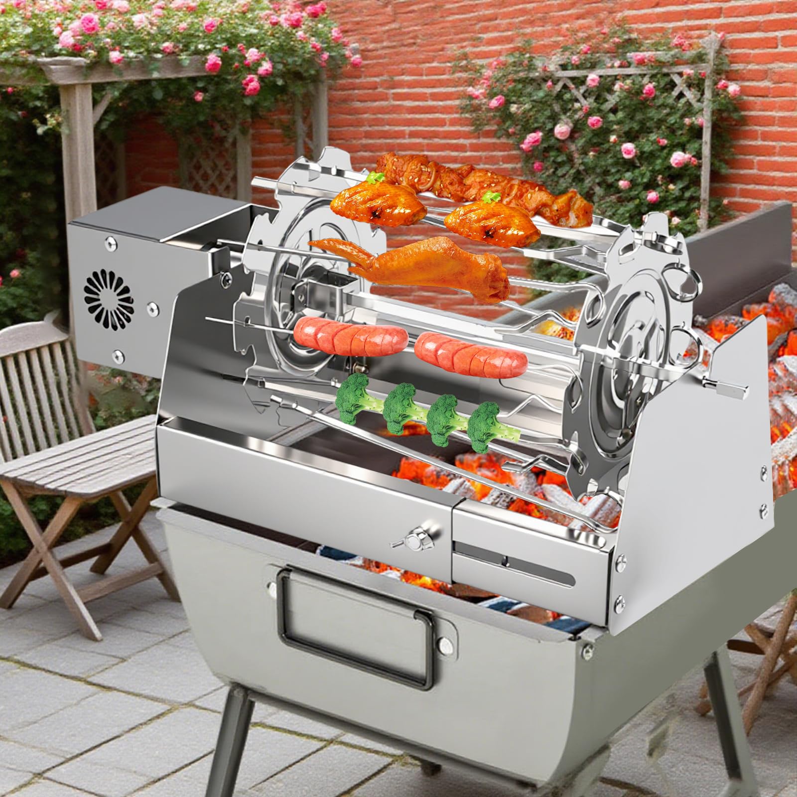 Nikou Spiedino Girevole Rotisserie Grill, Automatico per Barbecue Girevole per Kebab, Spiedini e Arrosti, Barbecue da Tavolo Elettrico con 16,5 a 29,5 cm Base Telescopica