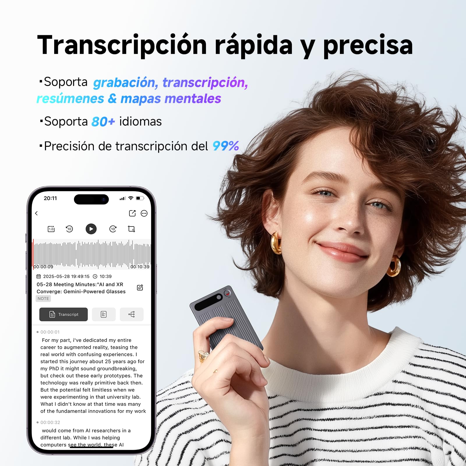 Grabadora de Voz IA, Transcribe y Resume con tecnología de IA, Negro