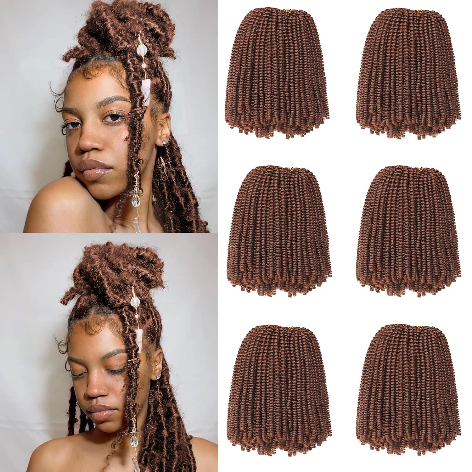 Xtrend 90strands Red Brown Spring Twist Crochet Hair 8 Inch Crochet Braids Hair for Distressed Butterfly Locs Fashion Fluffy Twist Hair Synthetic Braiding Hair Extensions for Women 30#