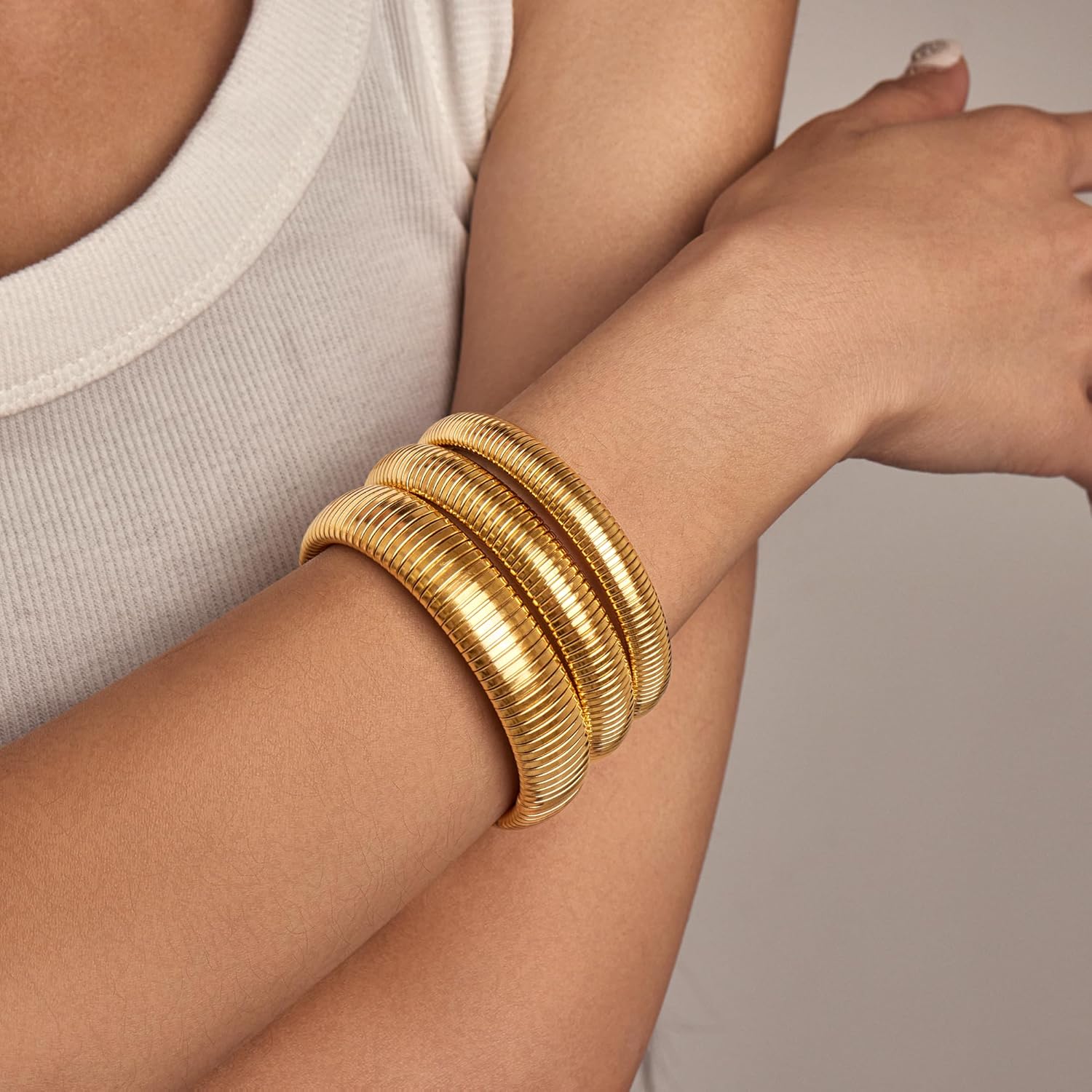 Gold Bangles Bracelets Set for Women, Chunky 14K Gold Plated Stainless Steel Stretch Bracelets, Wide Link Chain Flexible Wristband Bracelets for Women's 3 Jewelry Gifts - Image 2