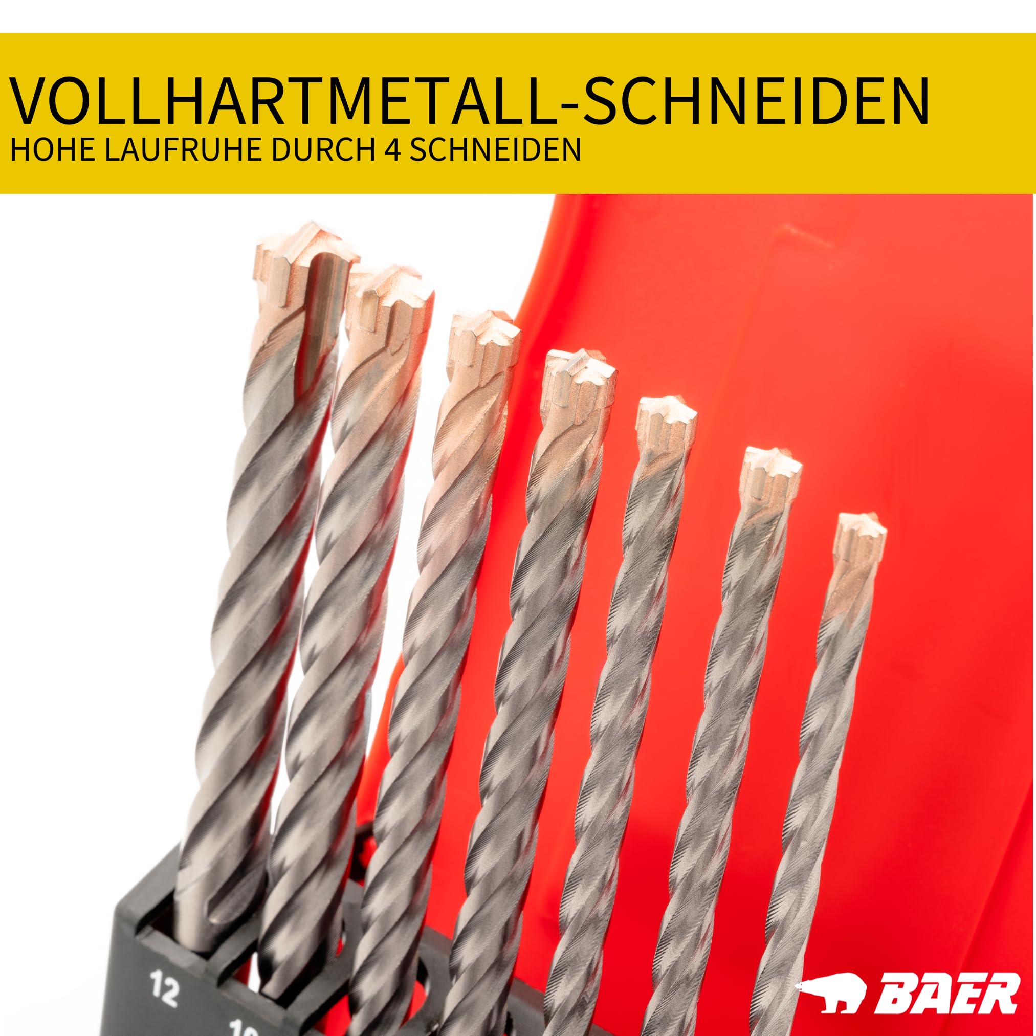 BAER Steinbohrer Set SDS-Plus (7 tlg.) 5-12mm - Hammerbohrer Set - Betonbohrerset - Betonbohrer lang - PGM-zertifizierte Bohrer - Granitbohrer