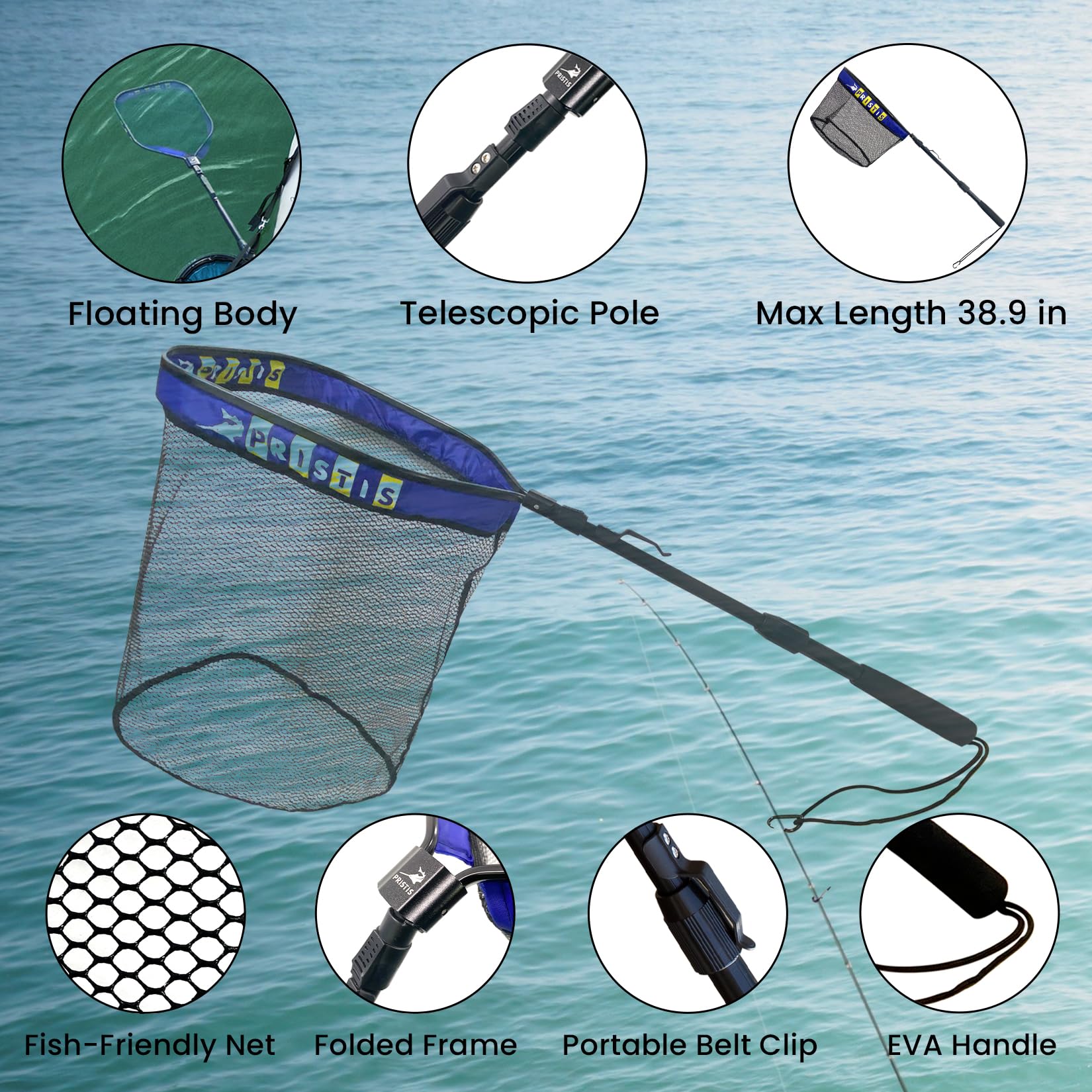 Pristis 20'' Depth Floating Lightweight Fishing Net with Telescopic Pole Handle, 39'' Foldable Extendable Rubber Coat Folding Landing Dip Net for Boat Kayak Fish Catch Release Freshwater Saltwater