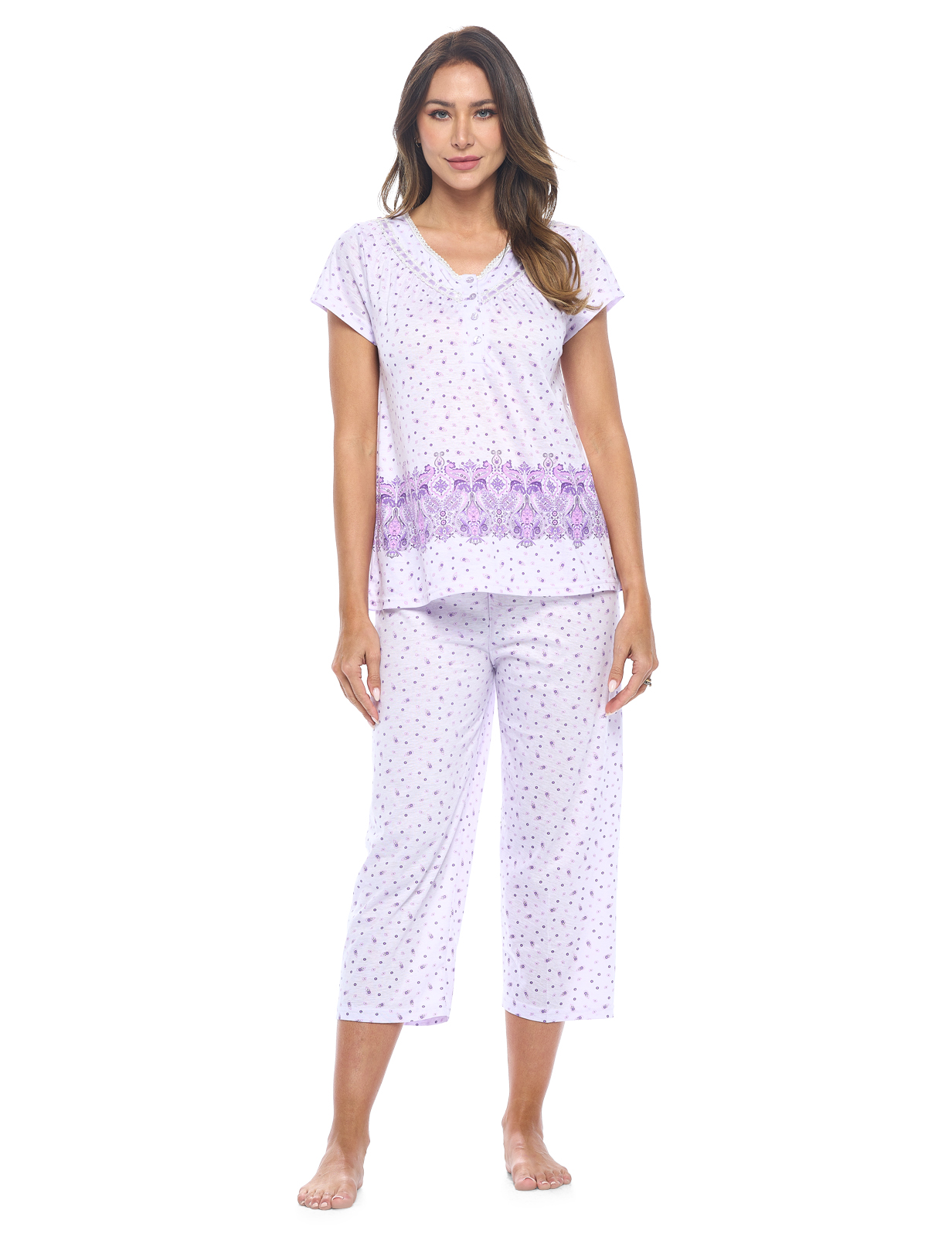 MyFav Pigiama Donna Maniche Corte Con Stampe Stelle – Set Con Pantaloni Capri – Grigio Stella – Taglia XXL