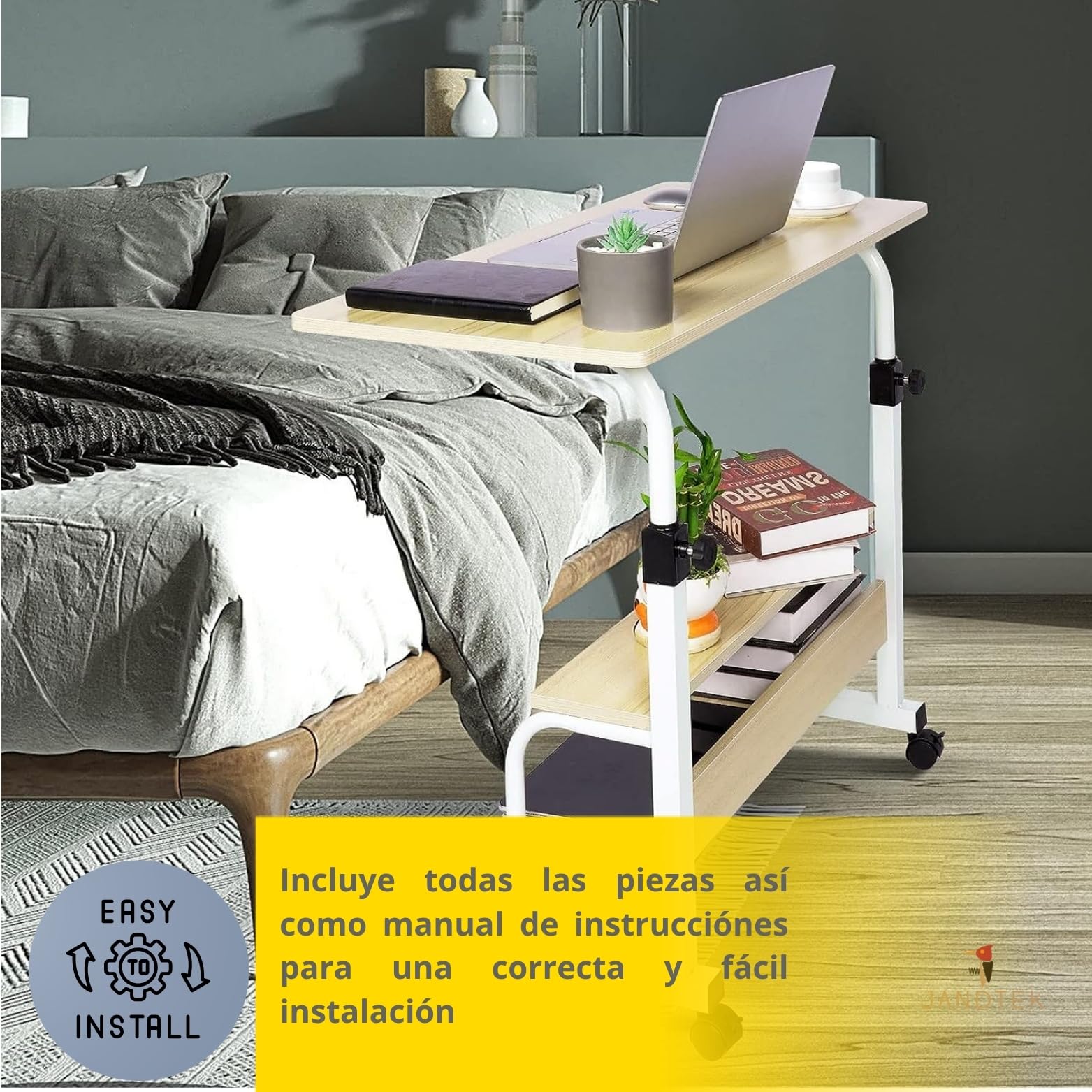 Mesa Ordenador Portátil con Ruedas y Altura Regulable – Escritorio Pequeño para Sofá, Cama y Teletrabajo – Mesa Auxiliar con Estante Inferior para Espacios Reducidos (Marron 80x40)