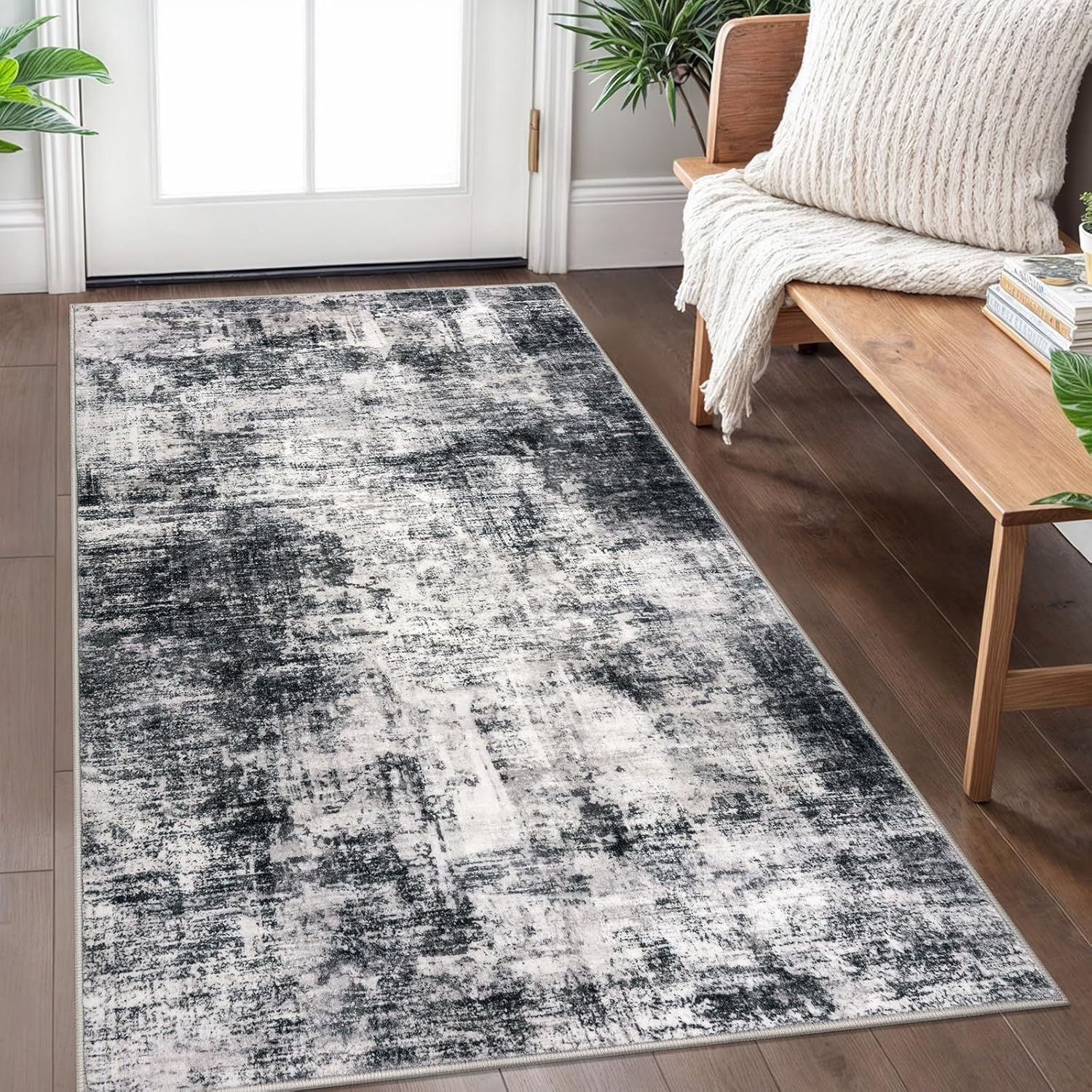 IOHOUZE Abstract Area Rug 3x5 Ft Washable Rugs for Entryway Indoor, Non Slip Kitchen Rug Printed Faux Wool Throw Rugs, Indoor Door Mat for Door Entrance Foyer Living Room, Black Grey 3' x 5' (Rectangular) Black/Grey/White