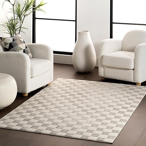 Nuloom Alaiya Cream/Silver, 9' x 12', Checkered, Recycled PET, Soft and Cozy, High Traffic, Stain Resistant, Durable, Washable Area Rug for Bedroom, Living Room, Dining Space, Den, Foyer, Entryway