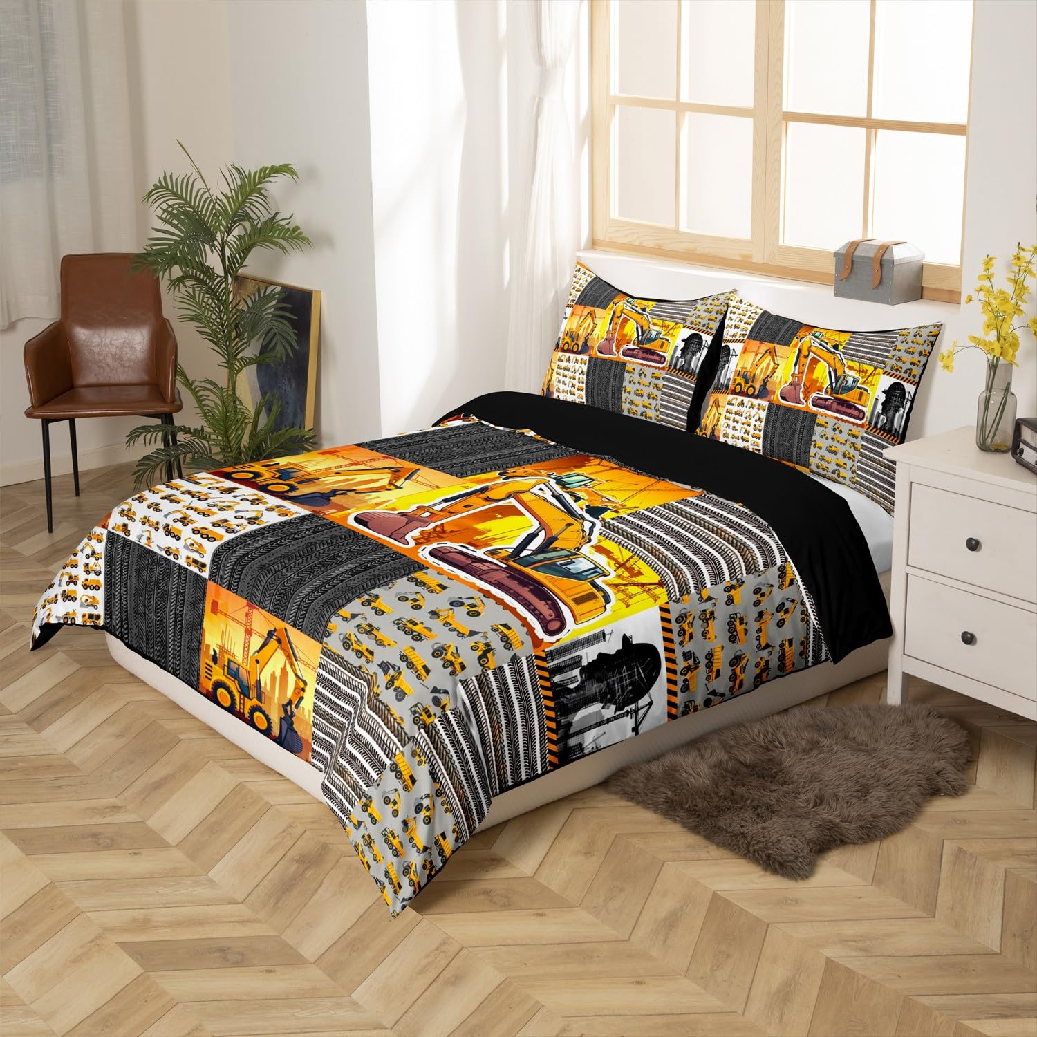 Excavator Duvet Cover for Boys Kids, Construction Trucks Tractor Kawaii Bedding Set, Bulldozer Crane Cement Mixer Twin Comforter Cover, Geometric Patchwork Quilt Cover Stripes Black and White Decor