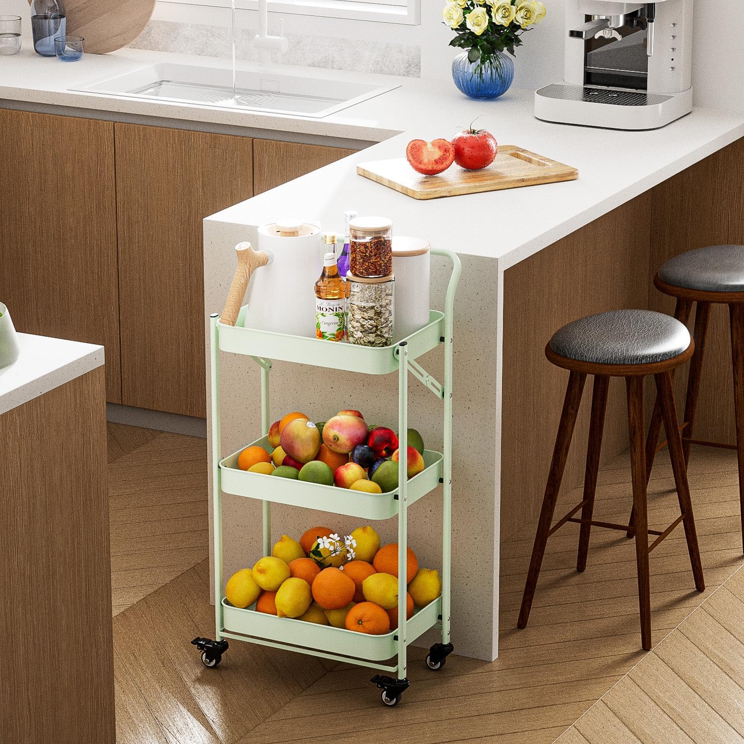 JAQ Foldable Rolling Cart, 3-Tier Metal Folding Storage Utility Carts Basket Rack Organizer with Handle on Wheels for Snacks Books Fruits for Kitchen Living Room Pantry Bathroom - (Green, 3-Layer)