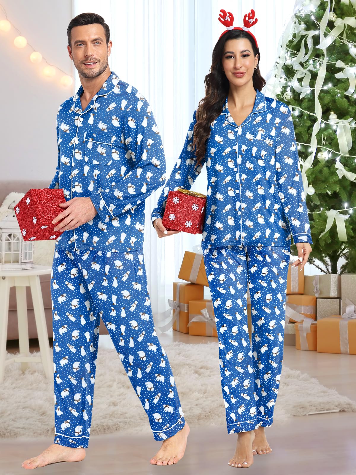 Pijamas de Navidad a juego para parejas, conjunto de pijama modal de manga larga con botones, ropa de dormir suave, ropa de descanso S-XXXL
