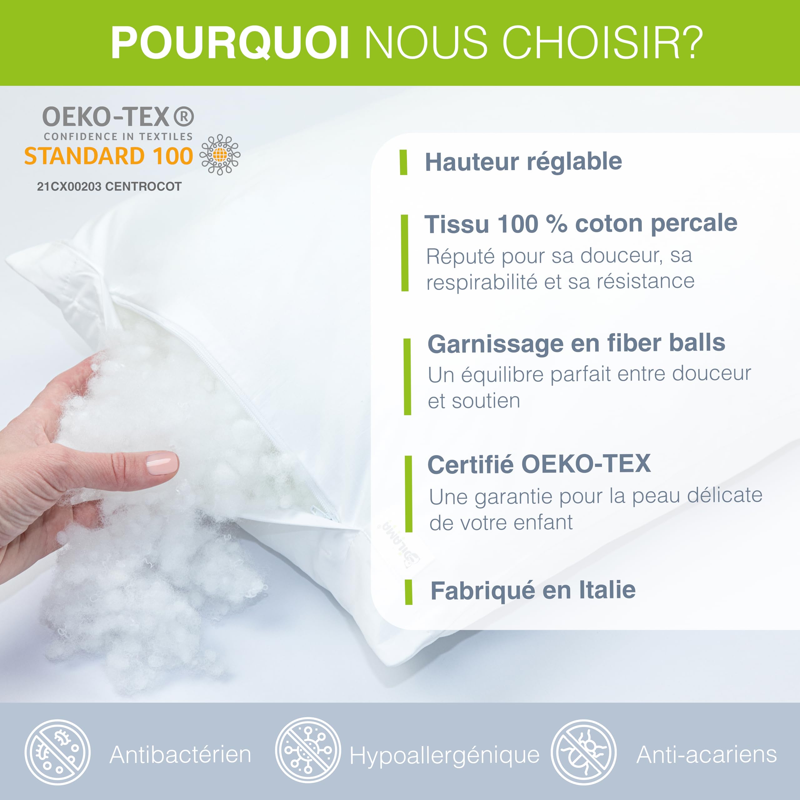 Dilamababy - Coussin Enfant Évolutif - Hauteur Réglable - Oreiller Enfant 40x60 Moelleux Adapté dès 1 an, 2, 3 Ans jusqu'à 6 - Hypoallergénique, Anti Acarien, Oeko-TEX - Made in Italy