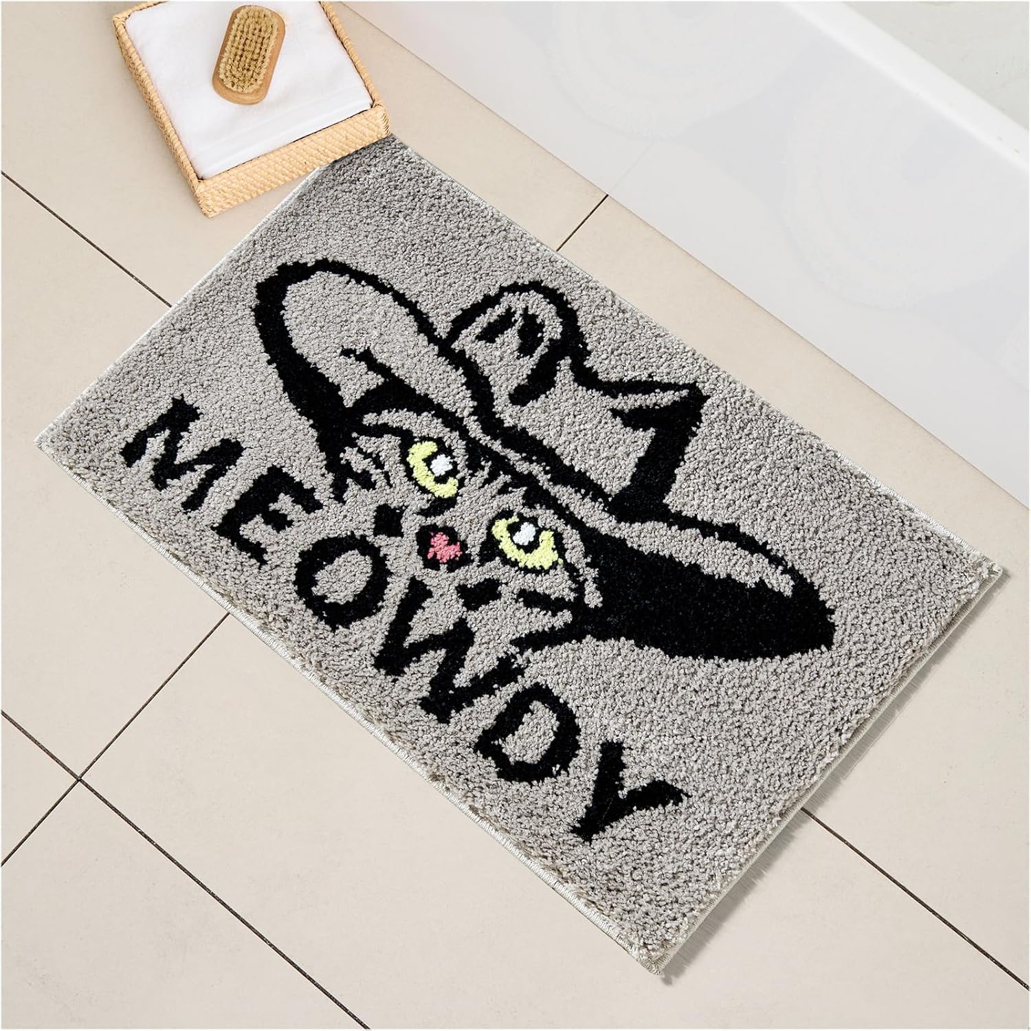 Funny Meowdy Bath Mat Non-Slip 20’’W x 32’’L Cute Western Cat Cowboy Tufted Bathroom Rugs Decorations Rubber Backed, Vintage Rustic Cabin Country Bath Rug Microfiber Absorbent Floor Mat