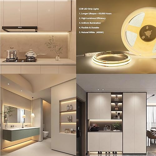 Miniatura 5 de PISIN Tira de luz LED COB de 24 V, color blanco natural, 4000 K, IP20, luz uniforme que emite 480 LEDsM, 16.4 pies16.4 ft, CRI90, flexible y