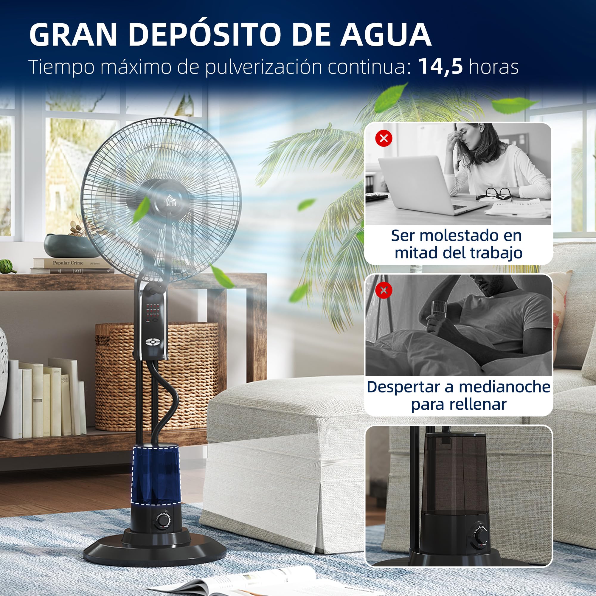 HOMCOM Ventilador Nebulizador de Agua 75 W con Mando a Distancia Ventilador de Pie Oscilante Temporizador Tanque 3,2L 3 Velocidades 3 Aspas y Pantalla LED Ø44,5 cm Negro