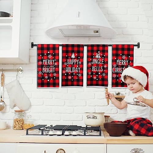 Miniatura 7 de Toallas de cocina de Navidad a cuadros rojos y negros, toallas de mano decorativas de feliz Navidad, toalla de cocina de cascabeles para fiestas,