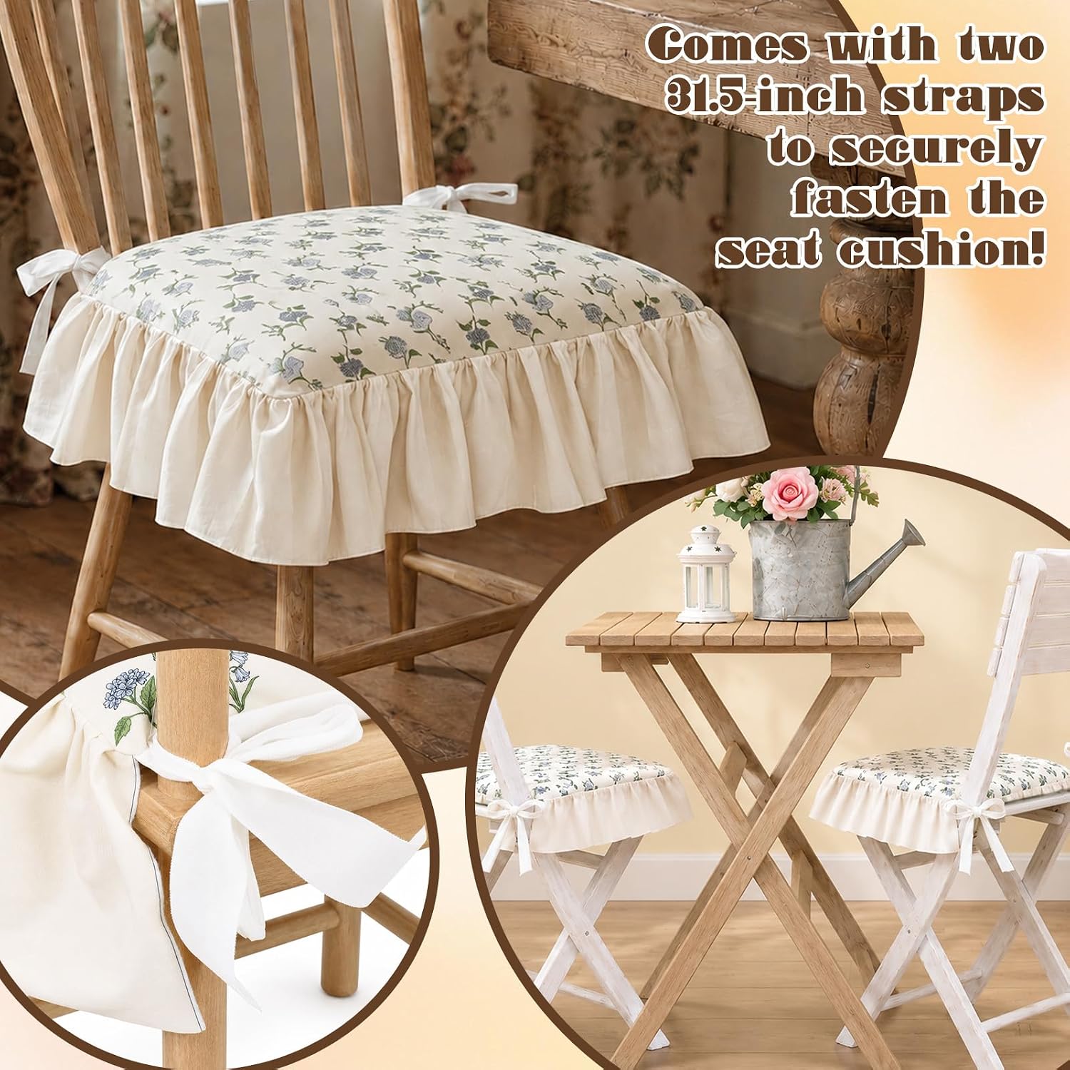 4 Pcs 17.5"x17.5" Ruffle Chair Cushion Covers No Padding,Farmhouse French Style Seat Covers with Tie Backs for Home Dining Kitchen Chairs Cushion,Farmhouse Decor (Floral Style)