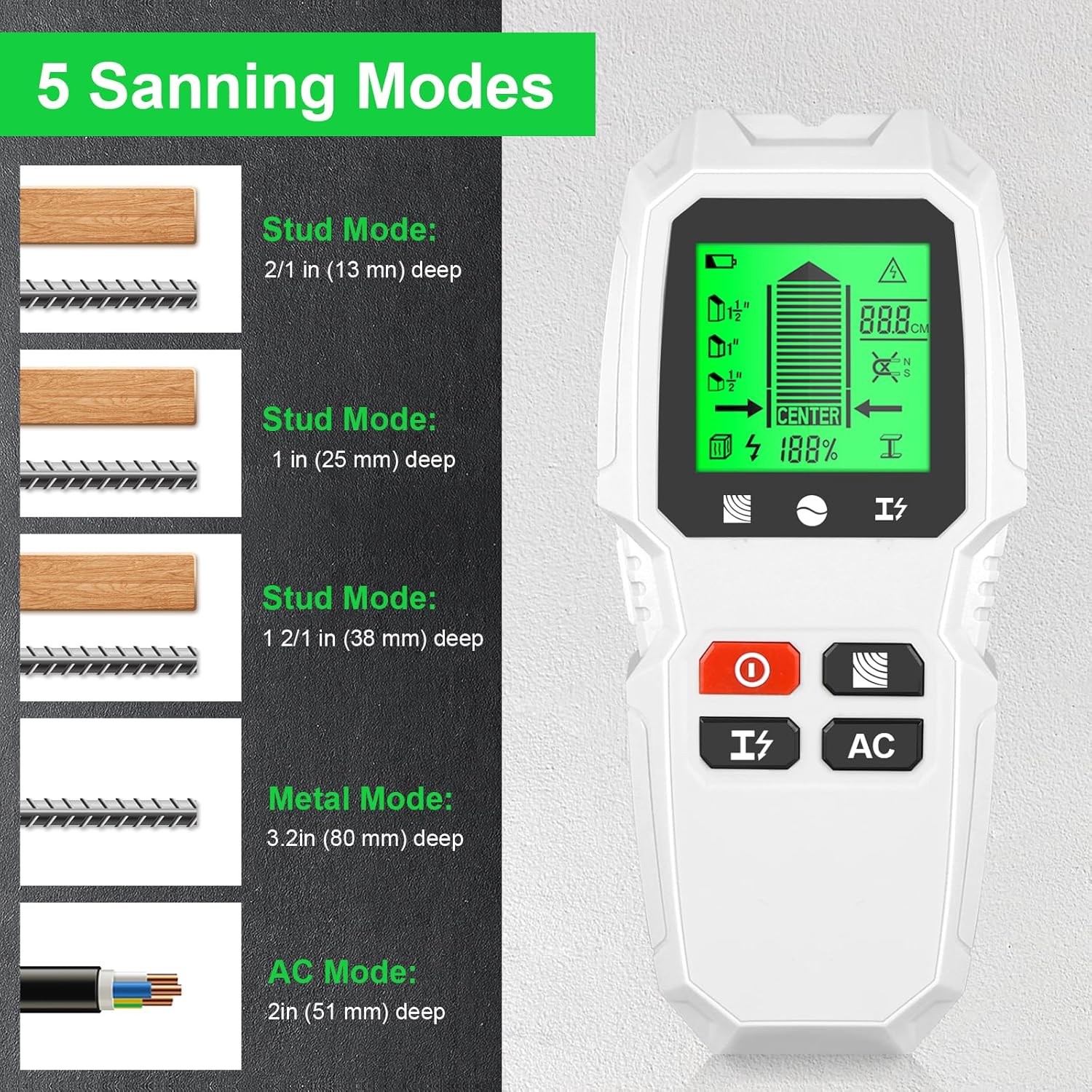 Generic HW-QB6 Wall Stud Finder showing 5 scanning modes
