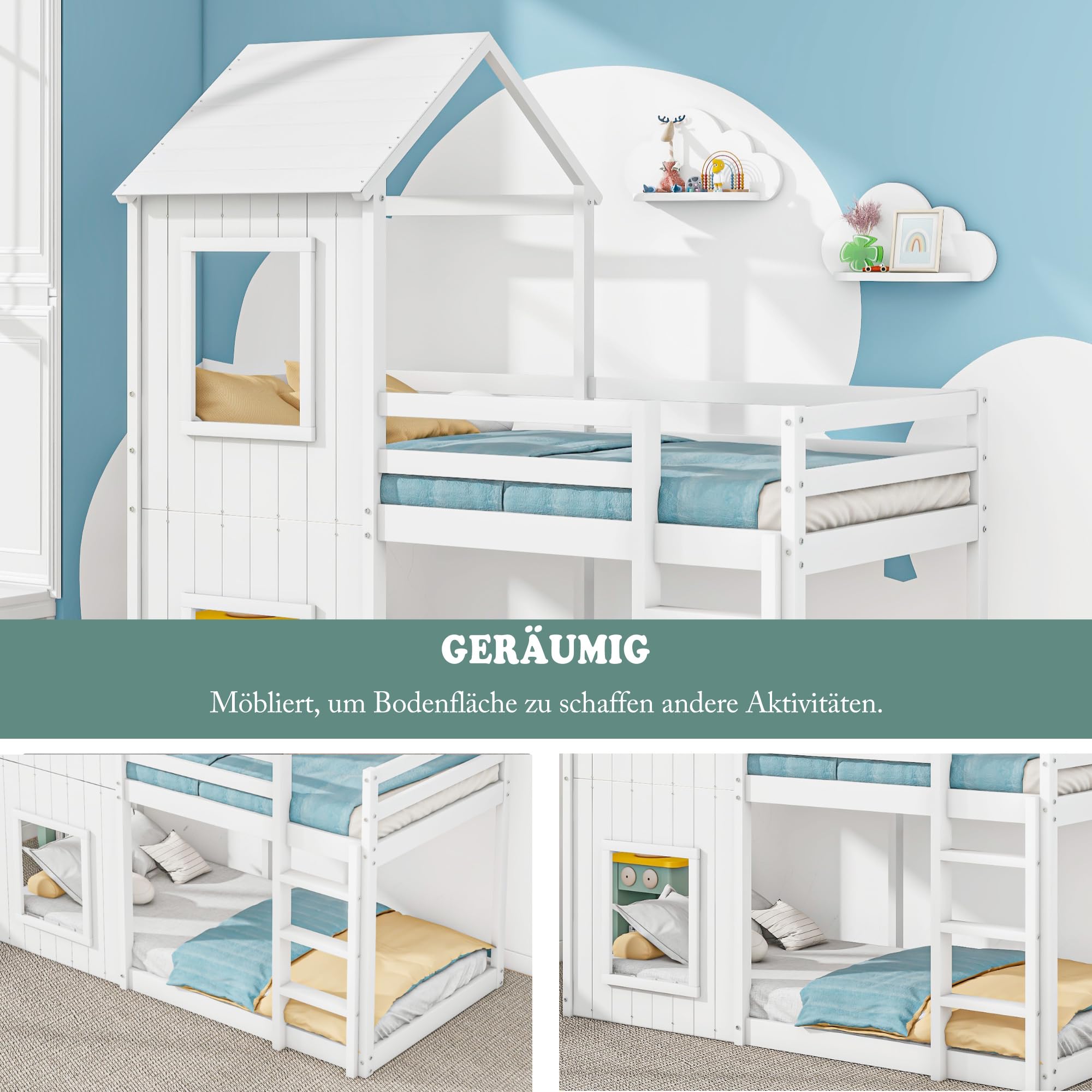 Kinderbett 90x200 Etagenbett für 2 Kinder, Hausbett Hochbett mit Leiter und Baldachin, Baumhausbett Stockbett Kinderhochbett Jugendhochbett mit Rausfallschutz und Lattenrost, Ohne Matratze, Weiß