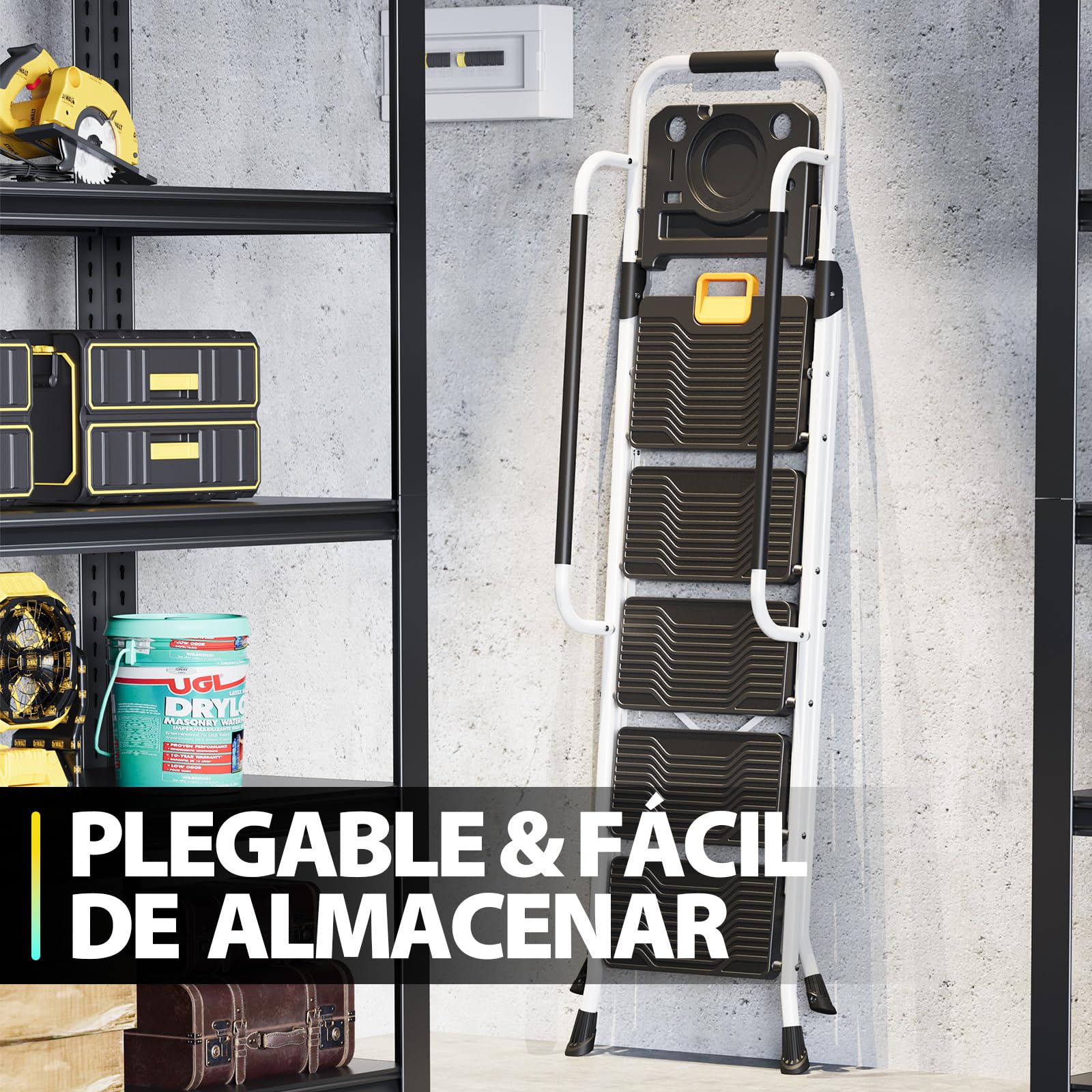 KINGRACK Escalera Plegable 5 Peldaños, Carga hasta 150 kg, con Bloqueo de Seguridad, Pedales Anchos Antideslizantes, Pasamanos, Bandeja de Herramientas Escalera Doméstica Hogar Oficina Armarios Blanco