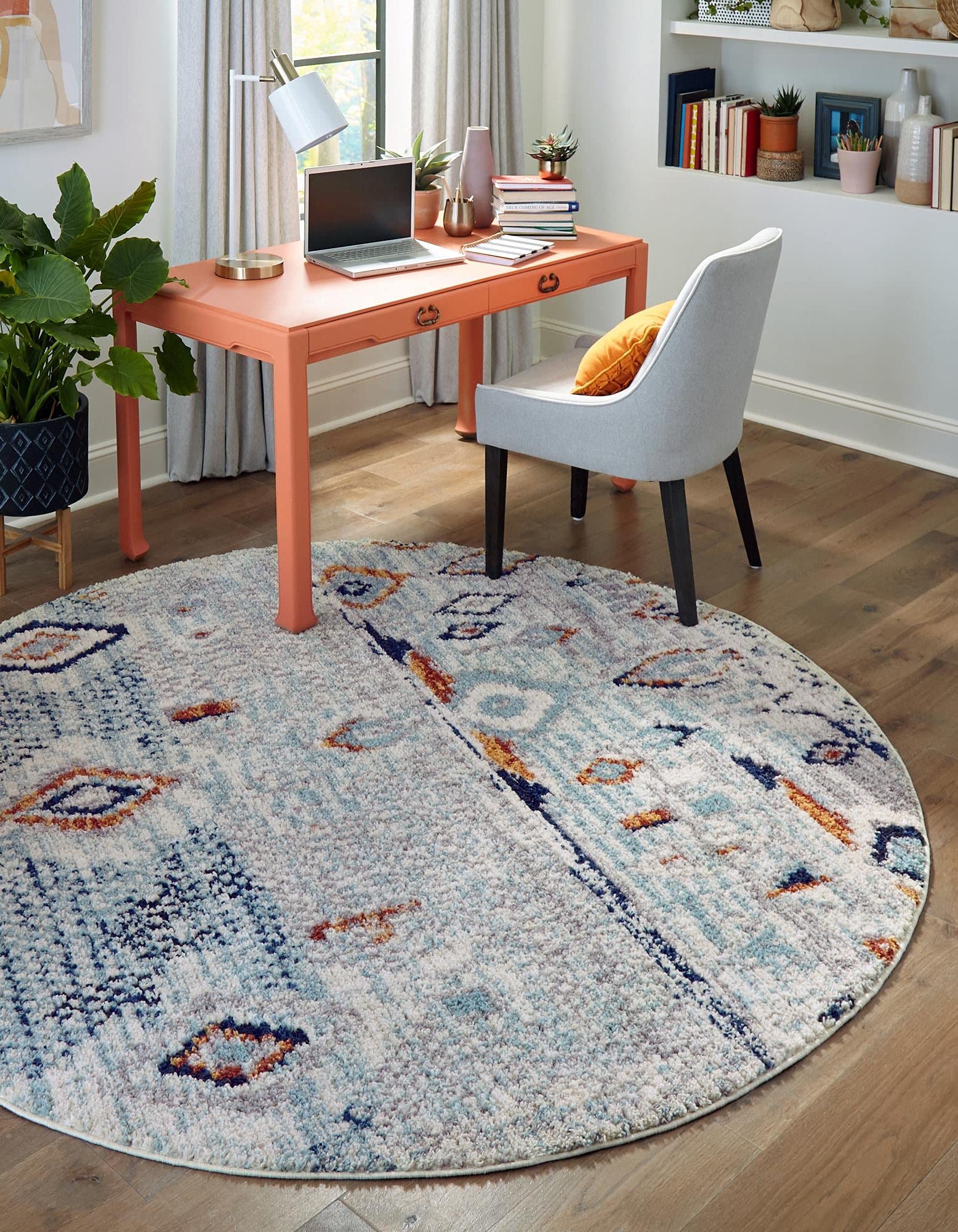 Rugs.com Morocco Collection Rug – 7 Ft Round Light Blue High-Pile Rug Perfect for Kitchens, Dining R