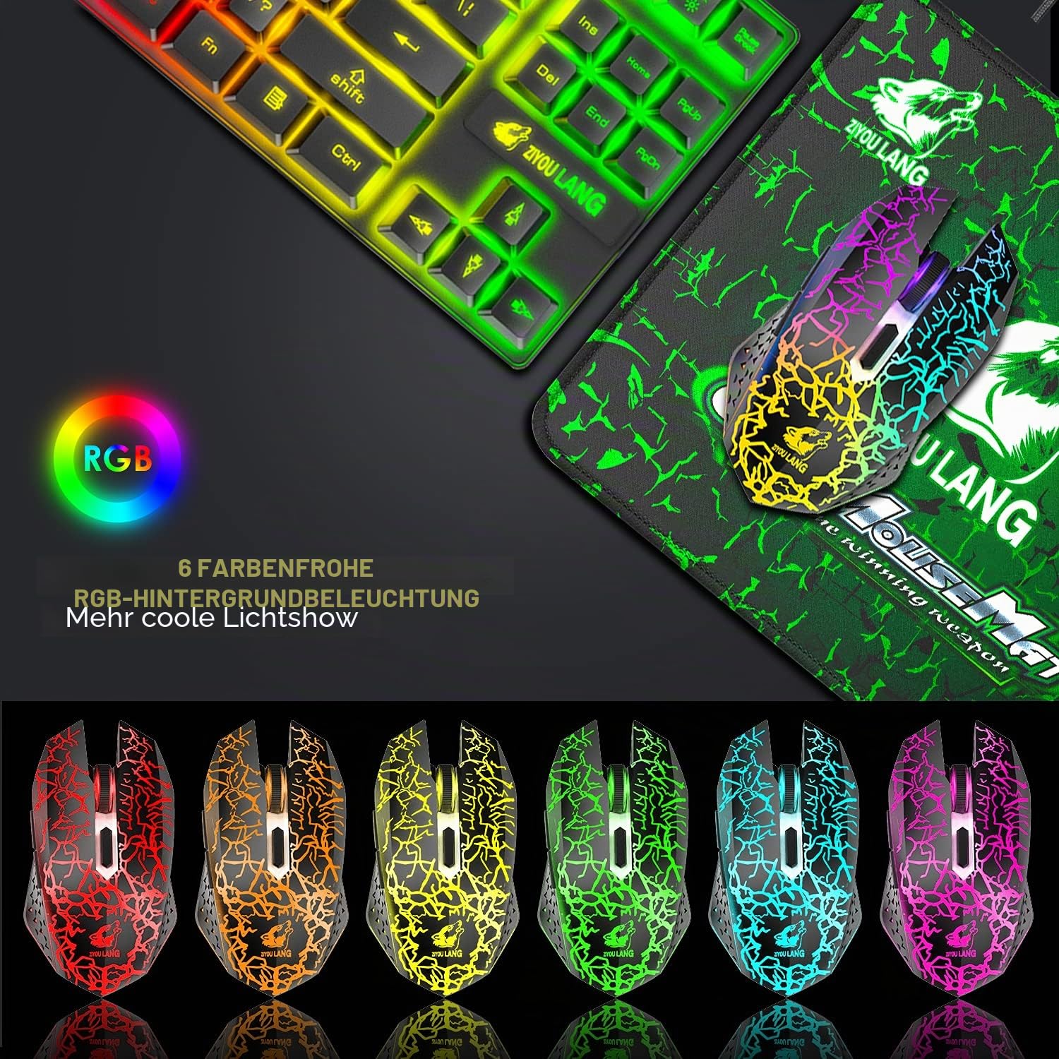 Kabellose Gaming-Tastatur und Maus, 87 Tasten, Regenbogen-LED-Hintergrundbeleuchtung, wiederaufladbar, 3800 mAh Akku, mechanisches Gefühl, Anti-Ghosting, ergonomisch, wasserdicht, RGB-Maus (schwarz)