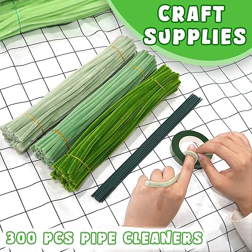 Miniatura 8 de URSDIART 311 piezas de limpiapipas verdes para manualidades, kit de fabricación de flores de felpilla al vapor, alambre grueso y mullido con