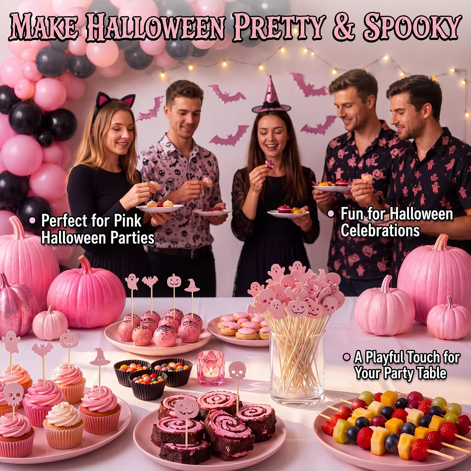 Rtteri 100 Pcs Pink Halloween Cocktail Picks 4.7In Toothpicks for Appetizer