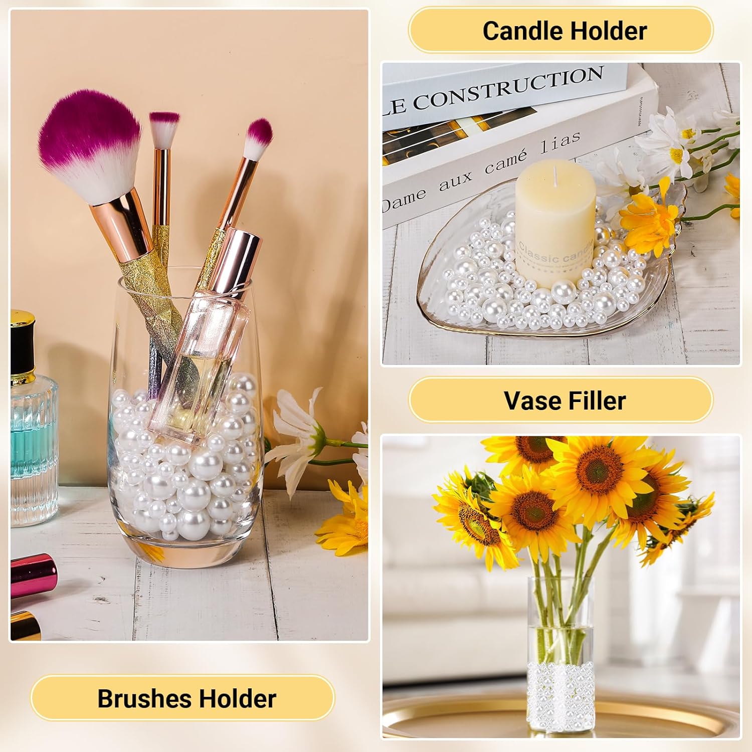 Suream 2600PCS Vase Filler Pearls, 8mm/0.31in No Hole Faux Plastic Pearls for Crafts, Decorative Bulk Filler Beads for Home Centerpiece, Makeup Brush Holder, Wedding Candles, Table Scatter