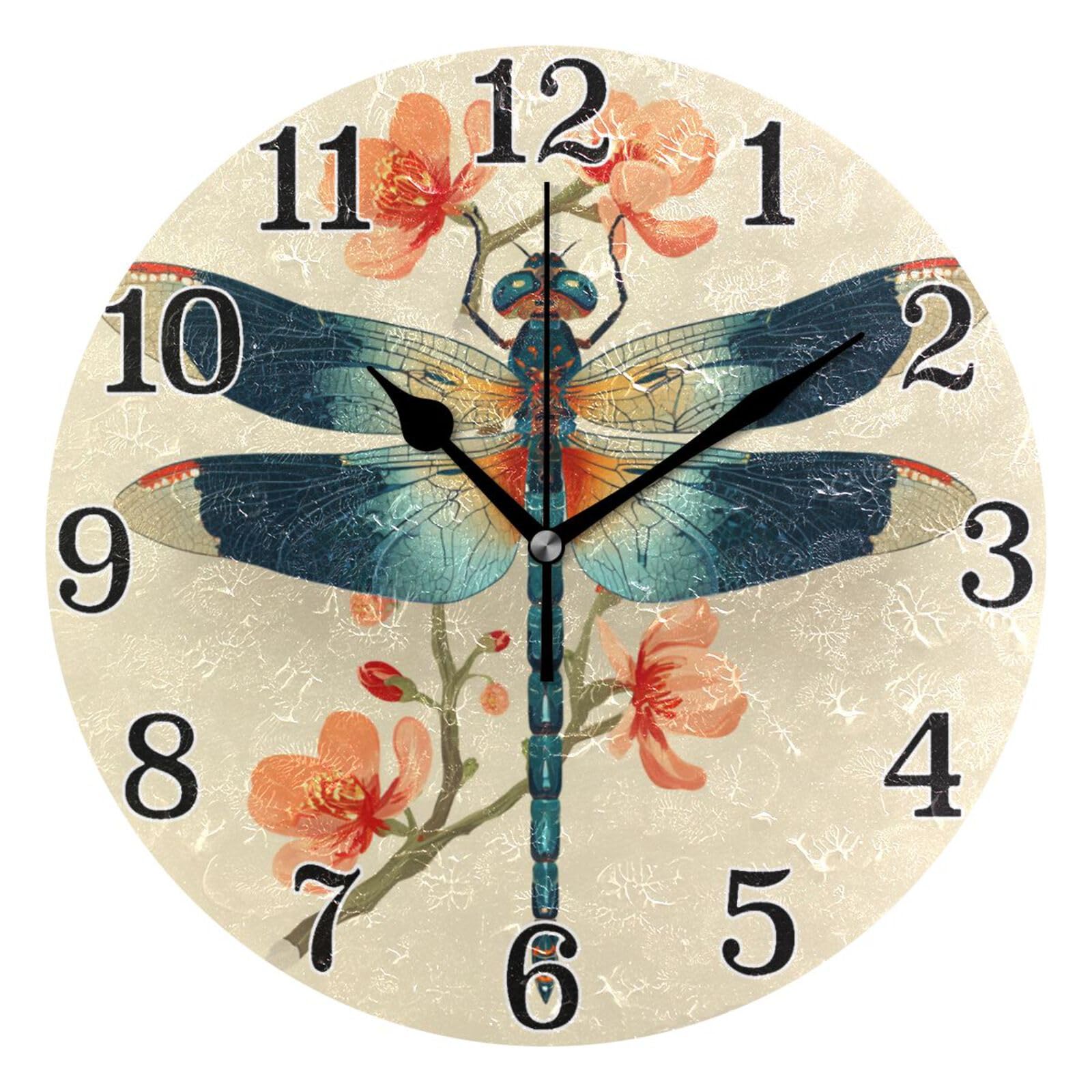 Horloge peinture chinoise libellule silencieuse 25 cm pour deco chambre ferme