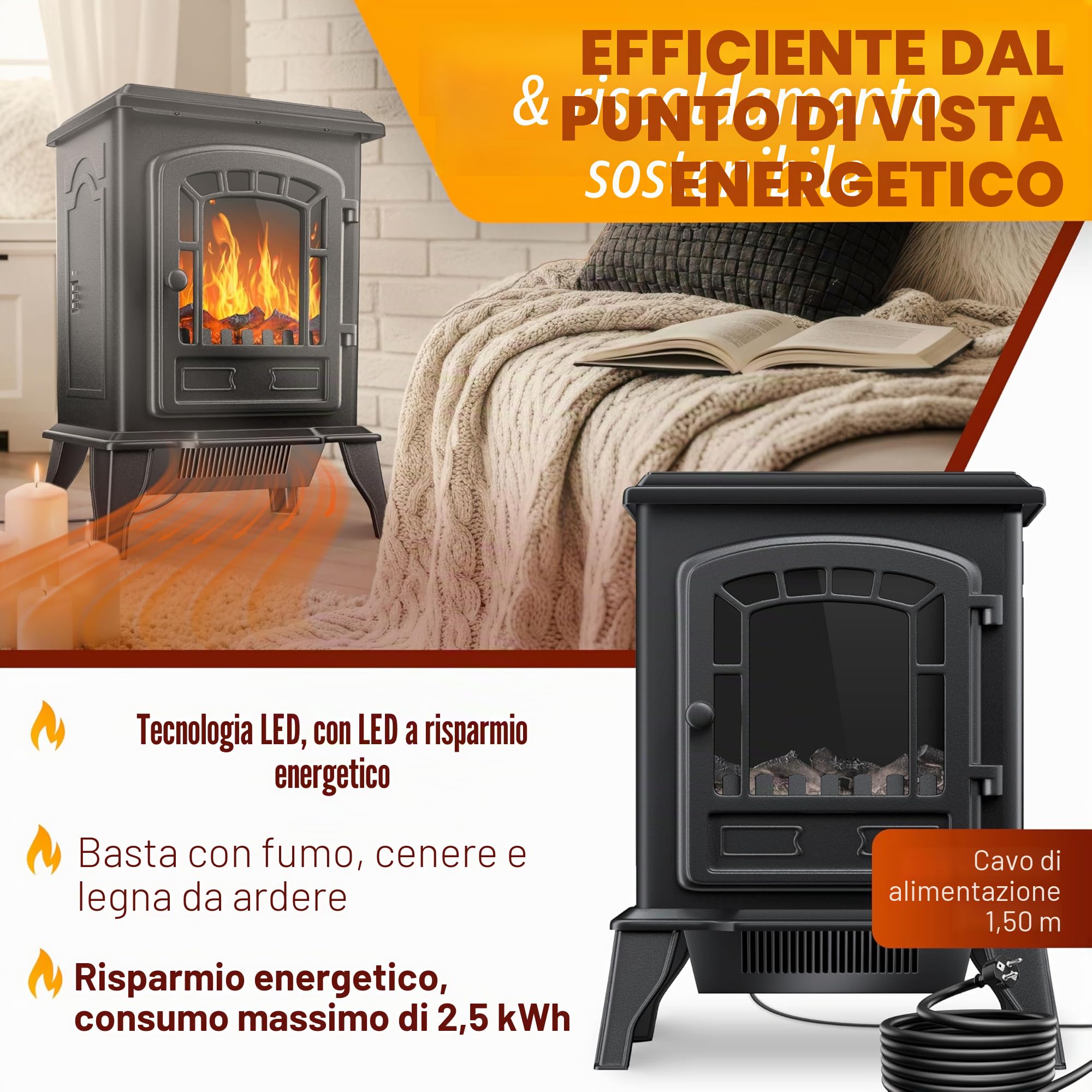 KESSER® Camino elettrico con termoventilatore da 2000W - caminetto elettrico - riscaldamento - effetto fuoco a LED - stufa effetto fiamma - termocamino silenzioso e regolabile, Nero