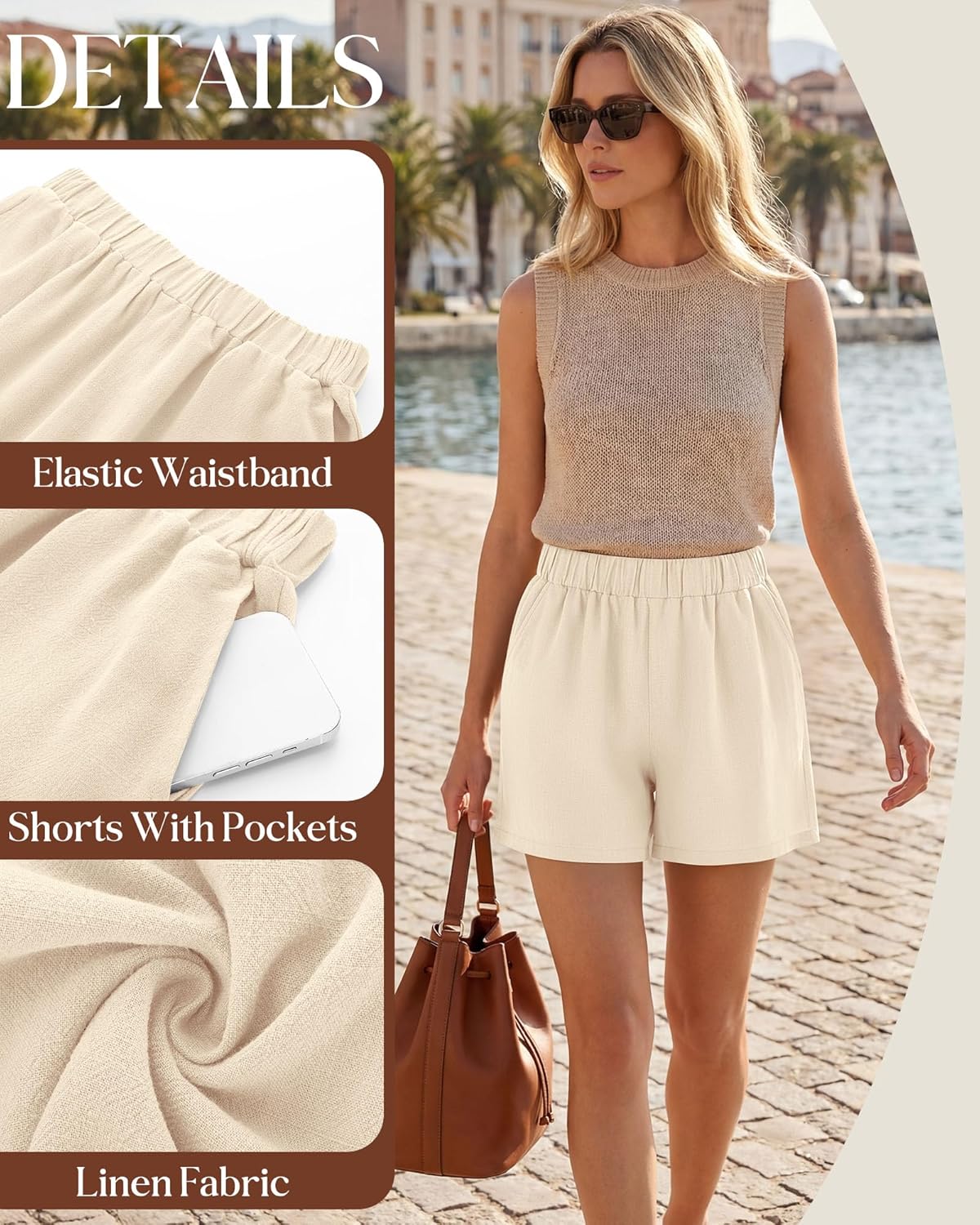 Ficerd 3 Pack Women's Casual Linen Shorts,Pleated High Waist Wide Leg Summer Elastic Comfy Trendy Shorts with Pockets - Image 6