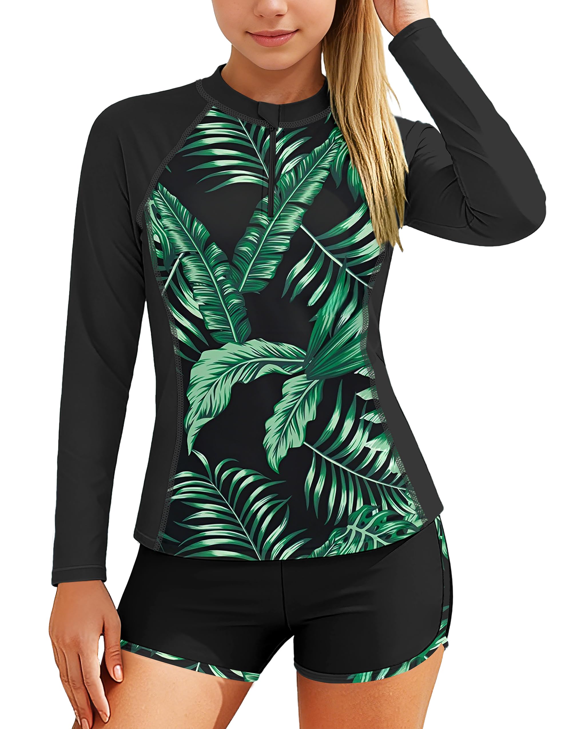 BAVADER Girls Rash Guard Swimsuit 2 Piece Long Sleeve Bathing Suit Half-Zip